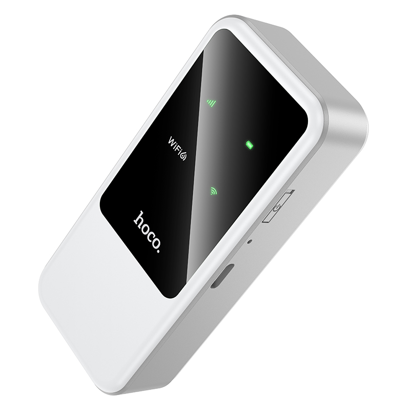 Un enrutador Wi-Fi portátil Hoco blanco con pantalla negra y luces de estado verdes sobre fondo claro.