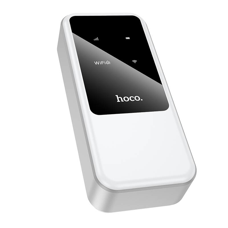 Un enrutador Wi-Fi portátil blanco y alargado con pantalla negra que muestra iconos y la marca hoco.