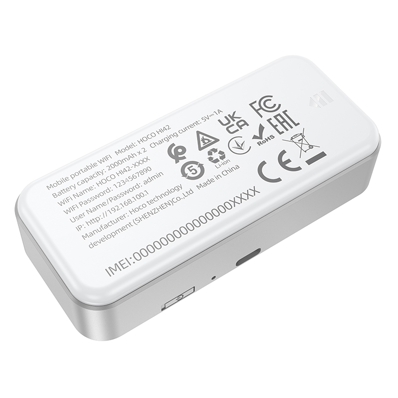 Dispositivo Wi-Fi portátil blanco con especificaciones impresas y marcas CE.