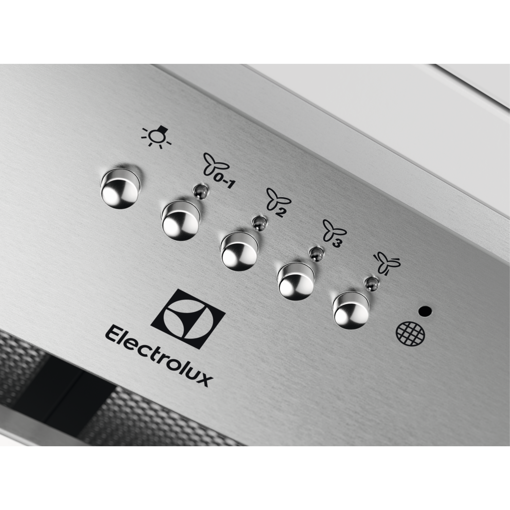 Zbliżenie panelu sterowania okapu Electrolux z pięcioma chromowanymi przyciskami i ikonami.