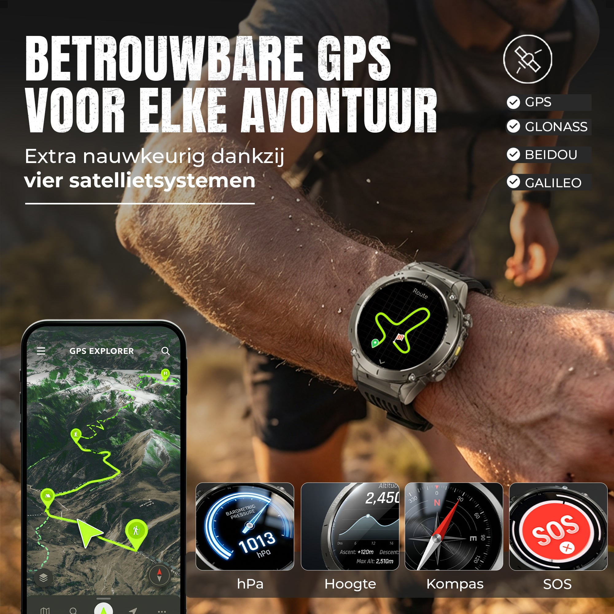An outdoor sports watch with GPS, barometer, compass, and SOS function, worn on a runner's arm.
