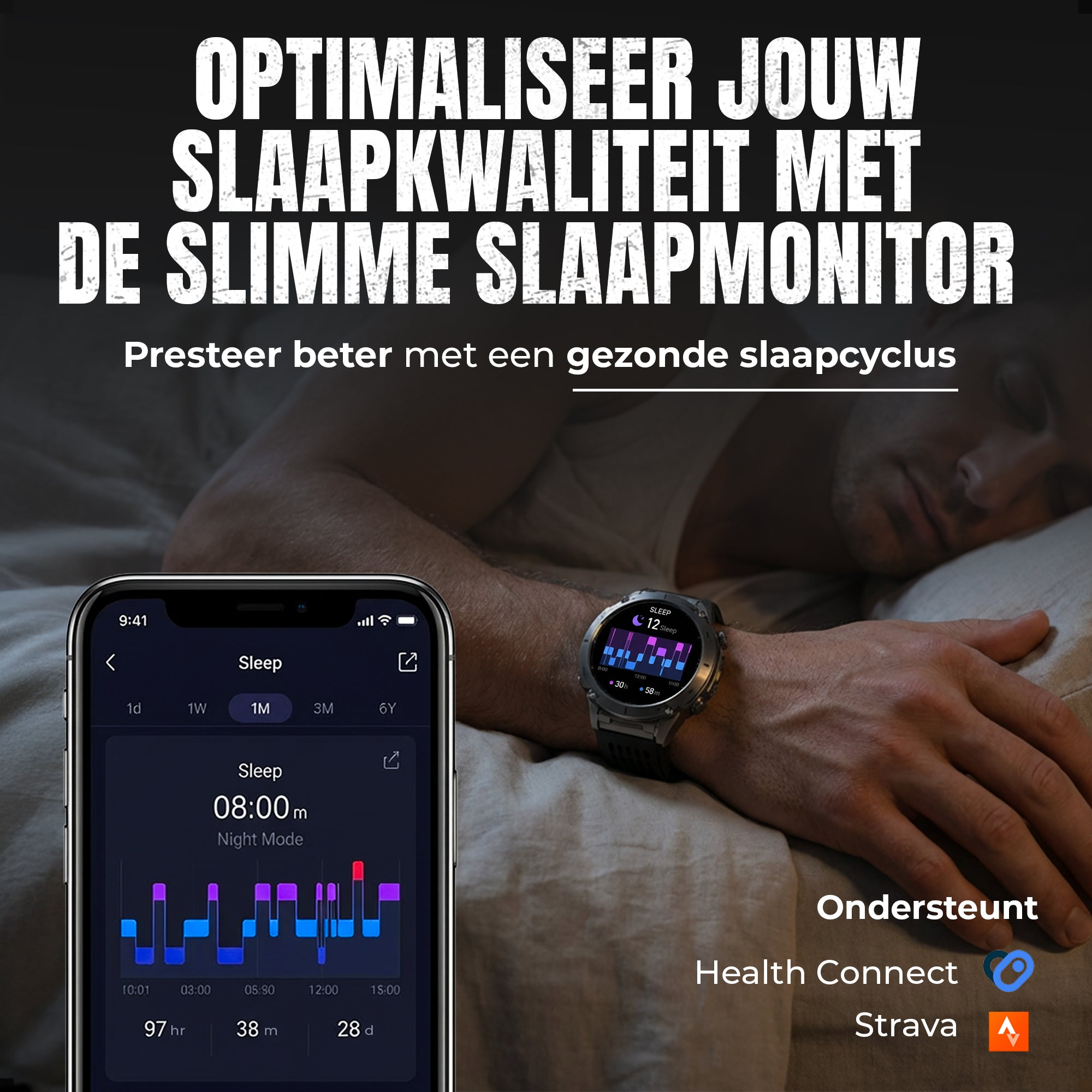 A man sleeps in bed while a smartwatch and a smartphone display his sleep tracking data.