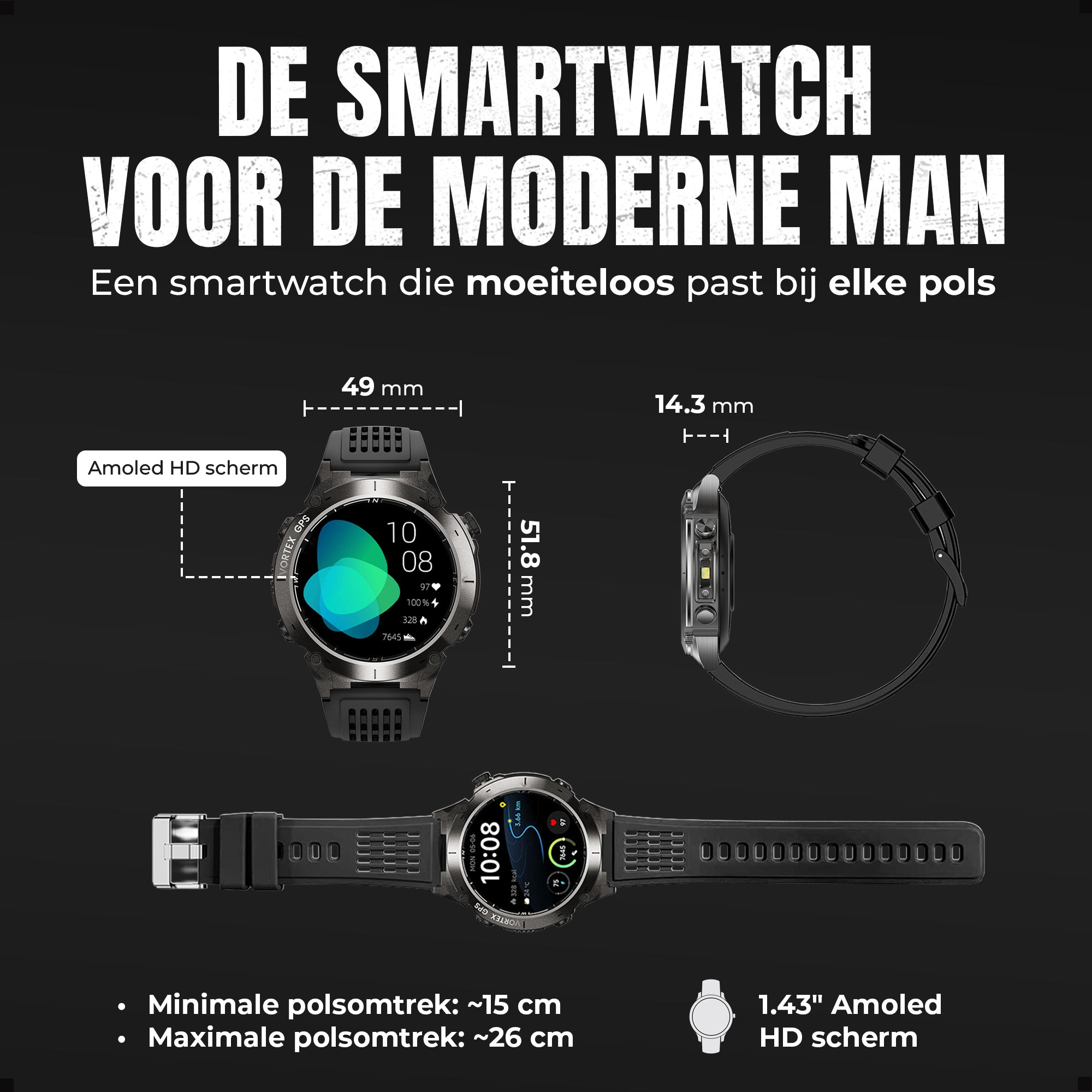 Diagram of a black smartwatch with AMOLED screen, dimensions, and text on a dark background.