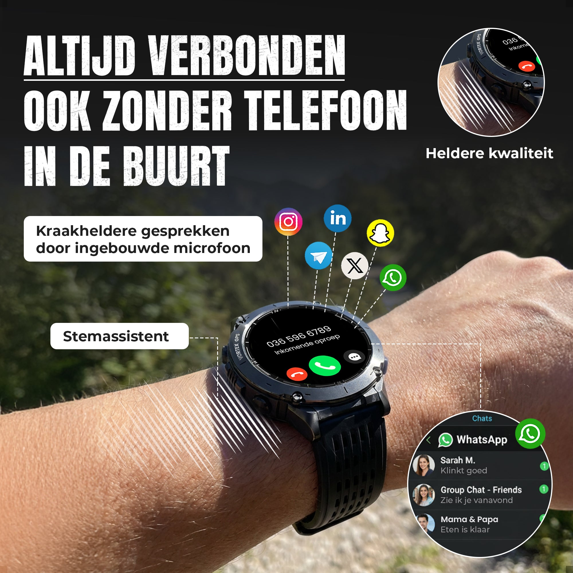 A smartwatch on a wrist displays an incoming call, notifications, and social media icons with Dutch text.