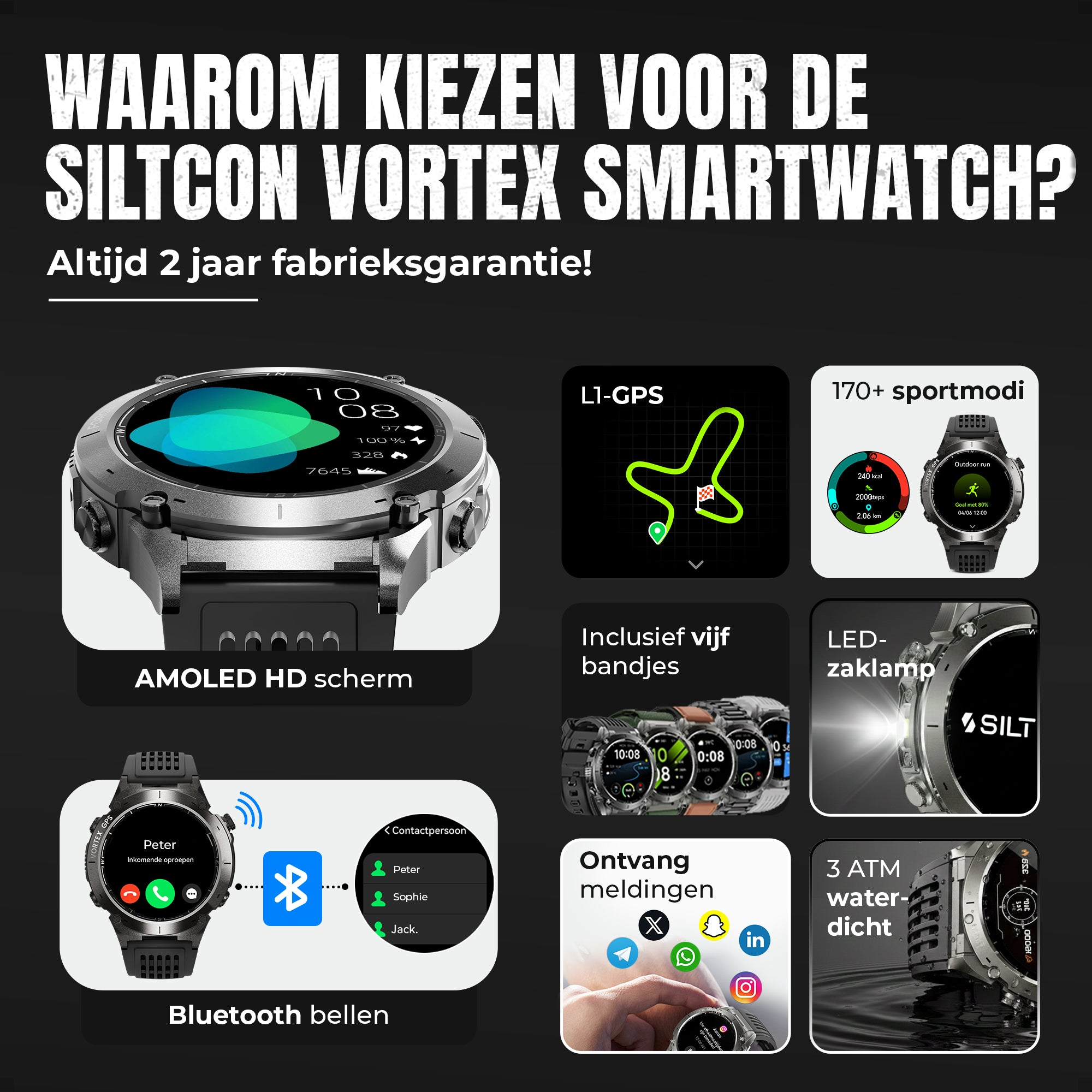 An advertisement for the Siltcon Vortex smartwatch showcasing its features like GPS, AMOLED screen, and Bluetooth.