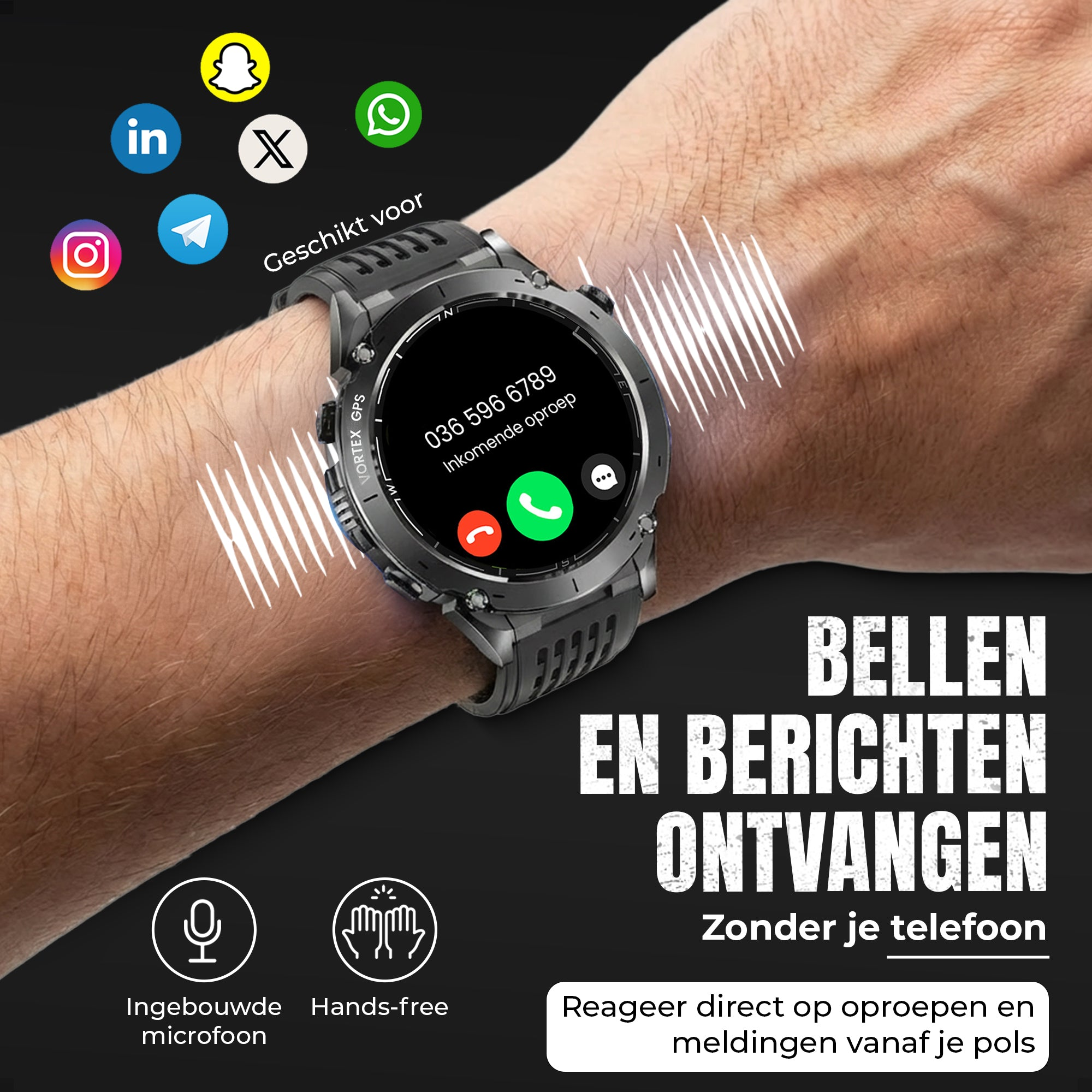 A smartwatch on a wrist showing an incoming call screen, surrounded by app icons and Dutch text.