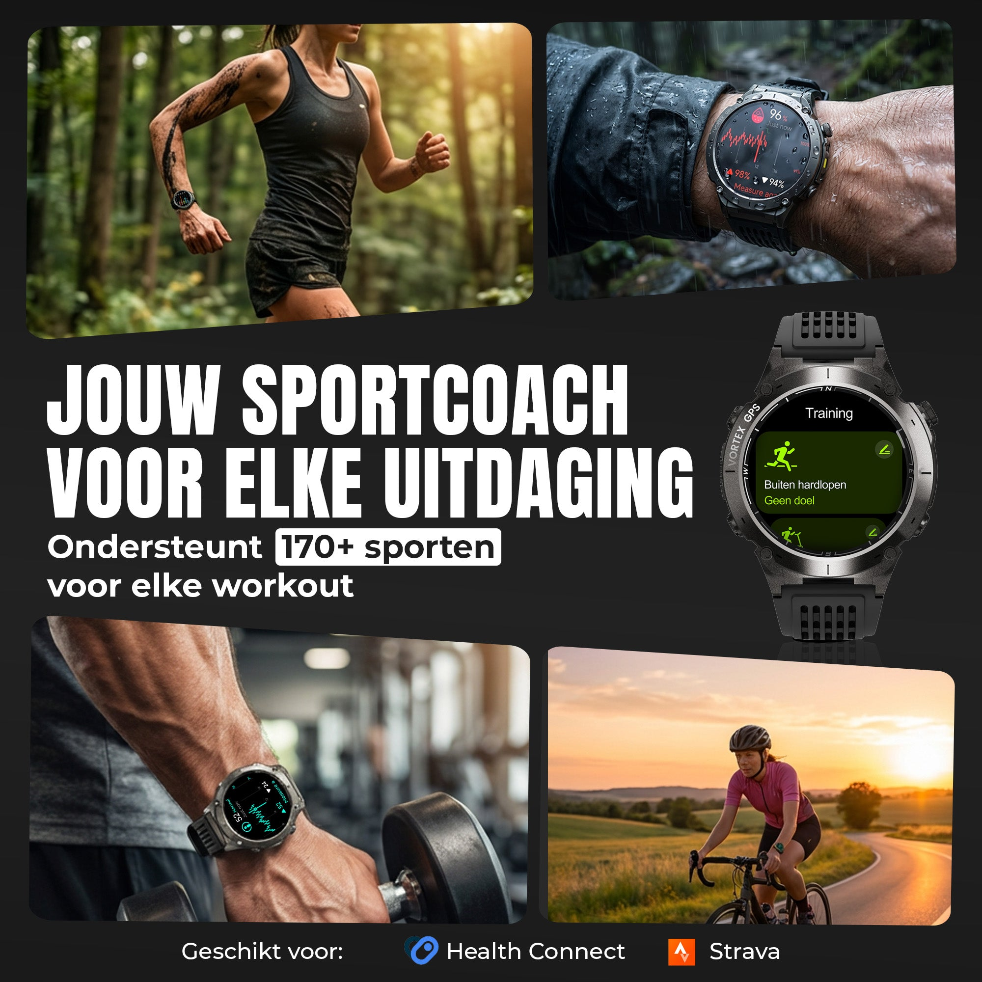 A sports watch for outdoor activities featuring fitness tracking in various scenarios.