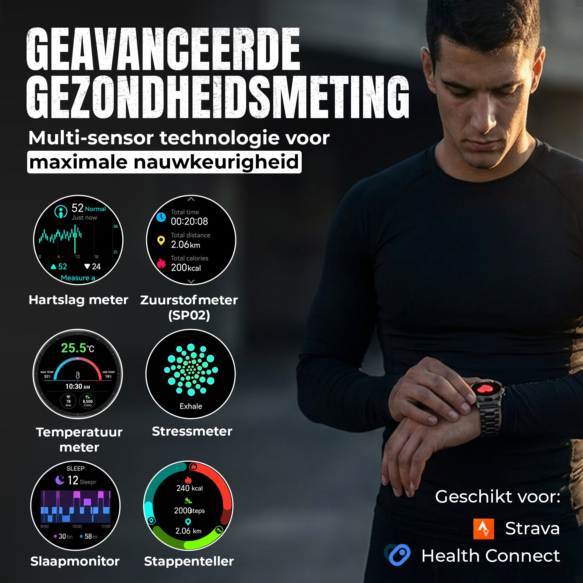 A man looks at his smartwatch while various fitness and health measurements are displayed around him.