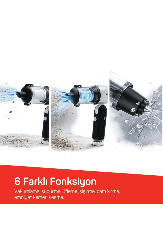 Kırmızı zeminde üfleme ve cam kırma gibi 6 farklı fonksiyonu gösteren el tipi elektrikli süpürge.