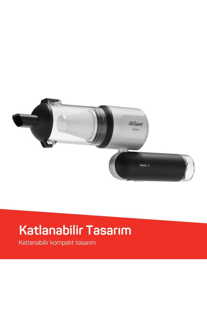 Metin içeren kırmızı zemin üzerinde katlanabilir tasarıma sahip taşınabilir gümüş ve siyah el süpürgesi.