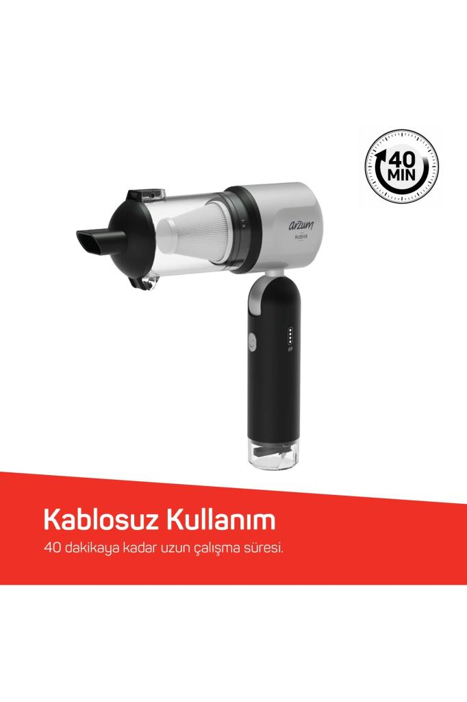 Kırmızı ve beyaz arka planda 40 dakika çalışma süresi sunan kablosuz el süpürgesi.