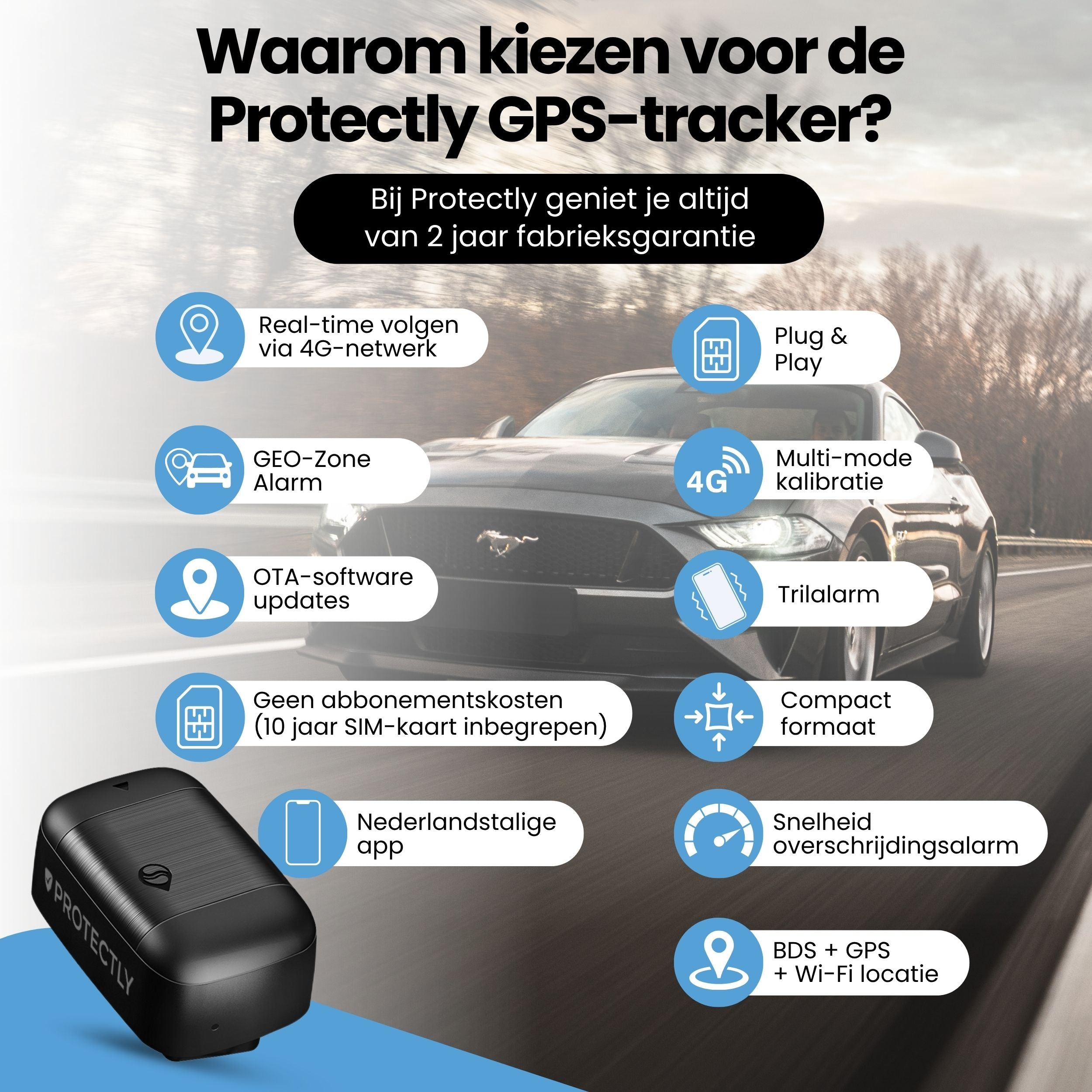 Publicité pour le traceur GPS Protectly avec fond de voiture et icônes.