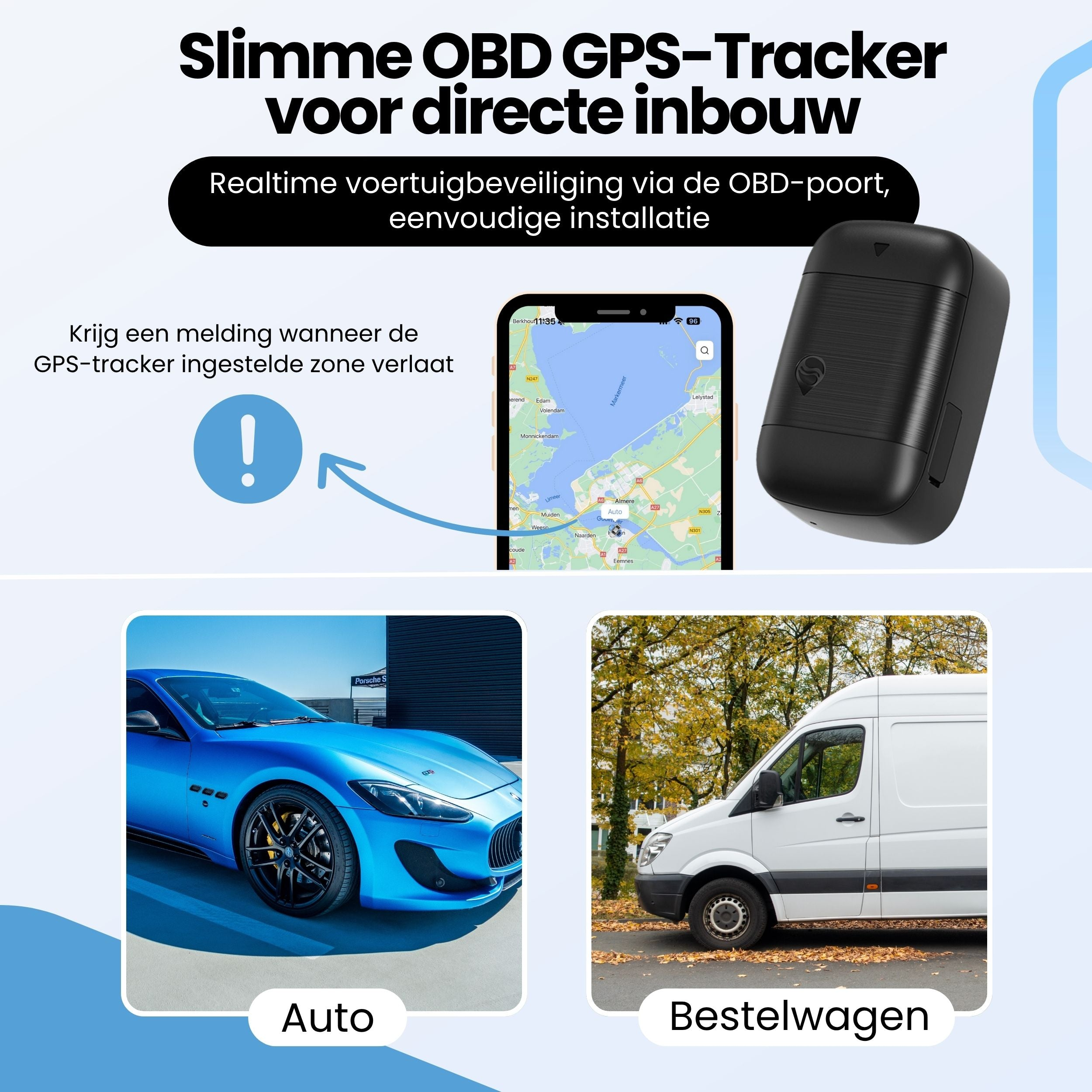 Traceur GPS OBD avec application mobile, voiture de sport bleue et camionnette.
