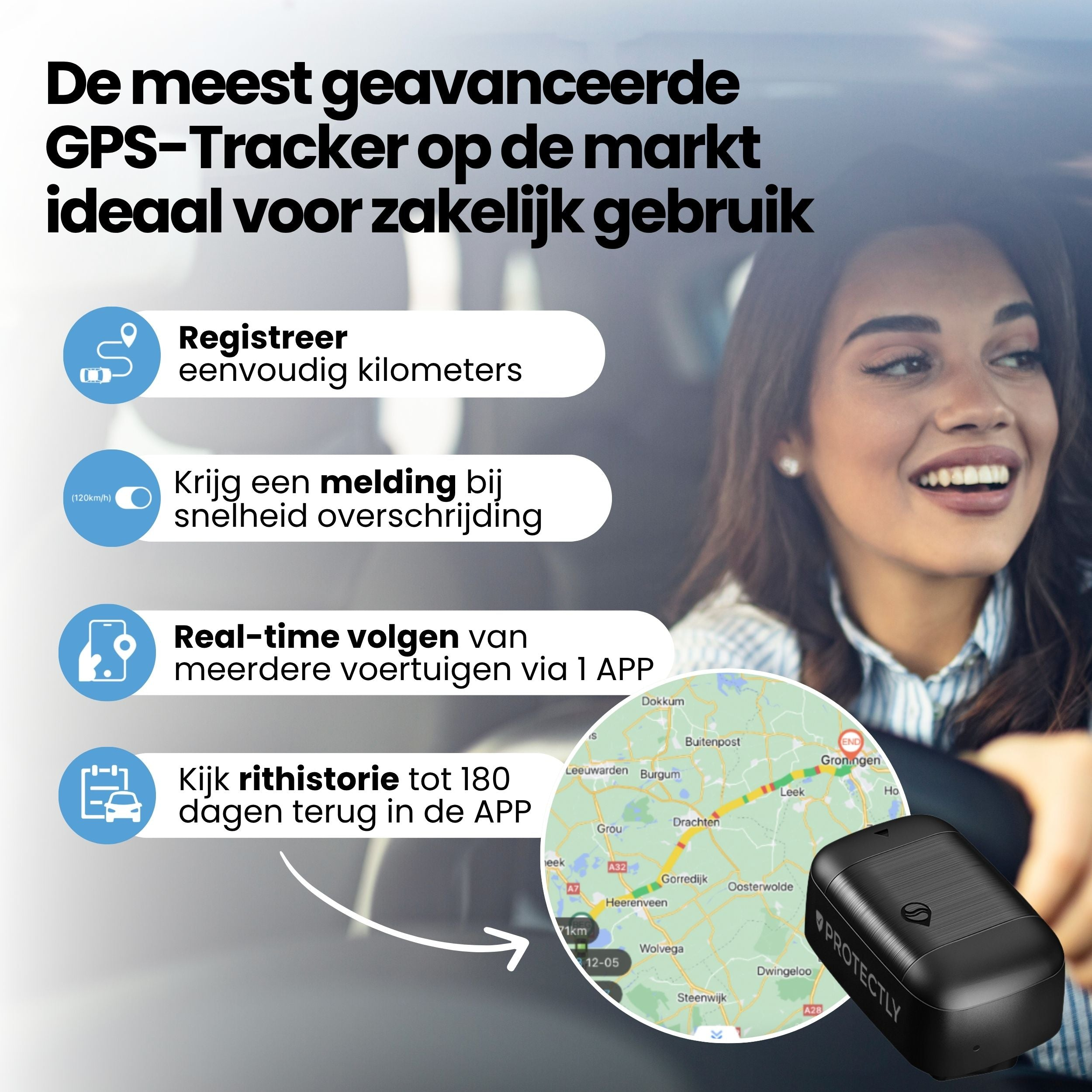 Publicité pour un traceur GPS avec une conductrice souriante, une carte d'itinéraire et du texte en néerlandais.