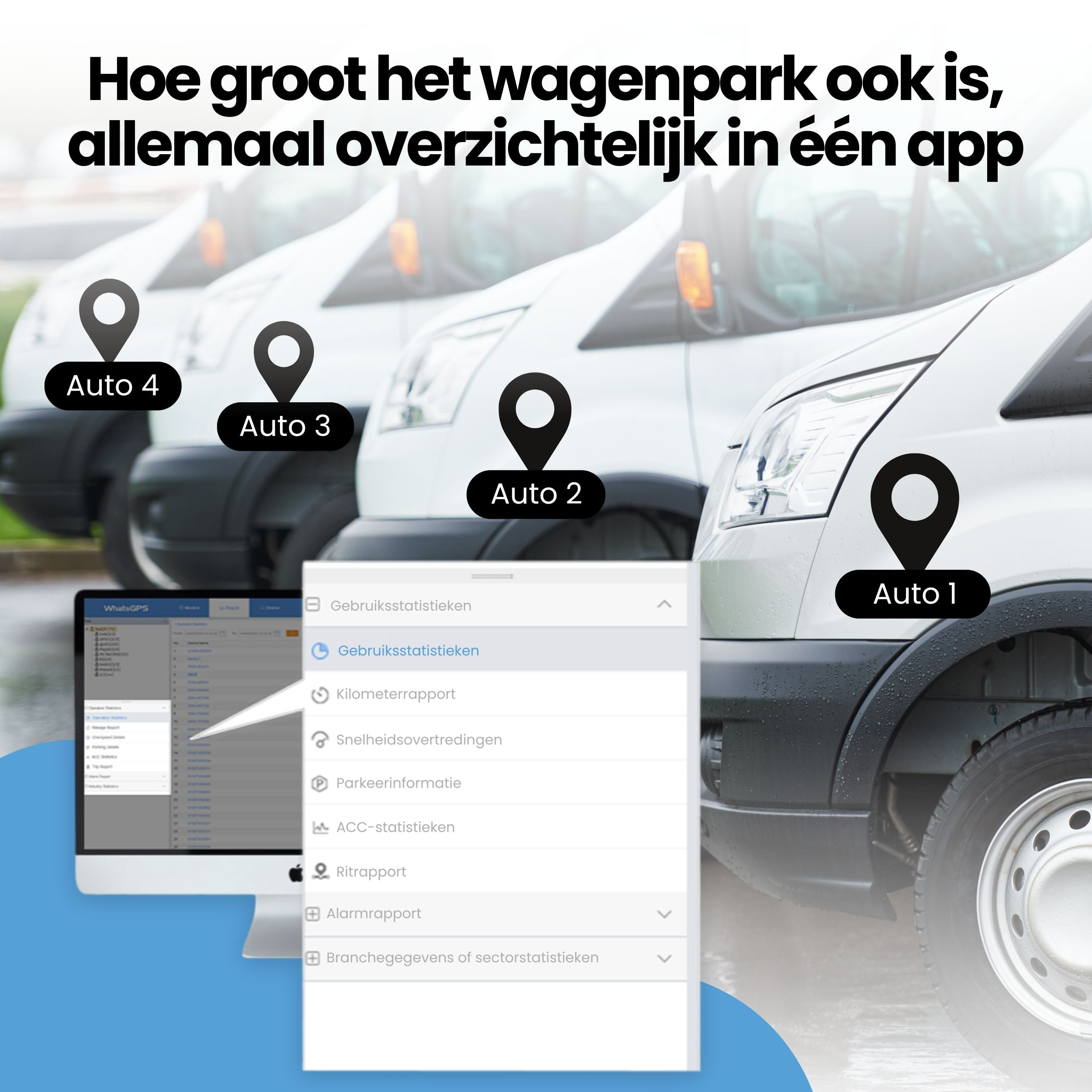 Quatre camionnettes blanches avec des épingles de localisation et une application.