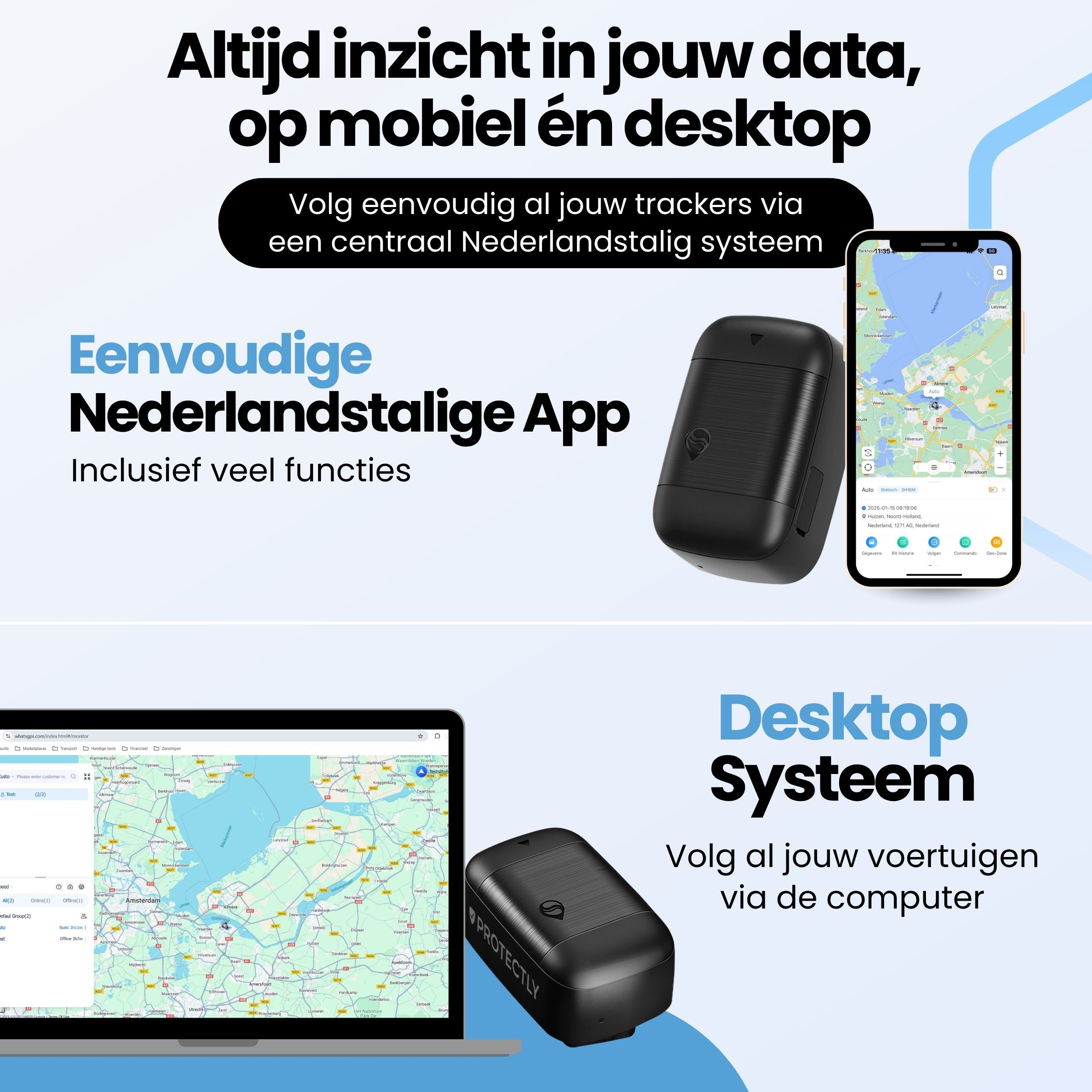 Publicité pour un système de suivi GPS utilisable sur smartphone et ordinateur portable.