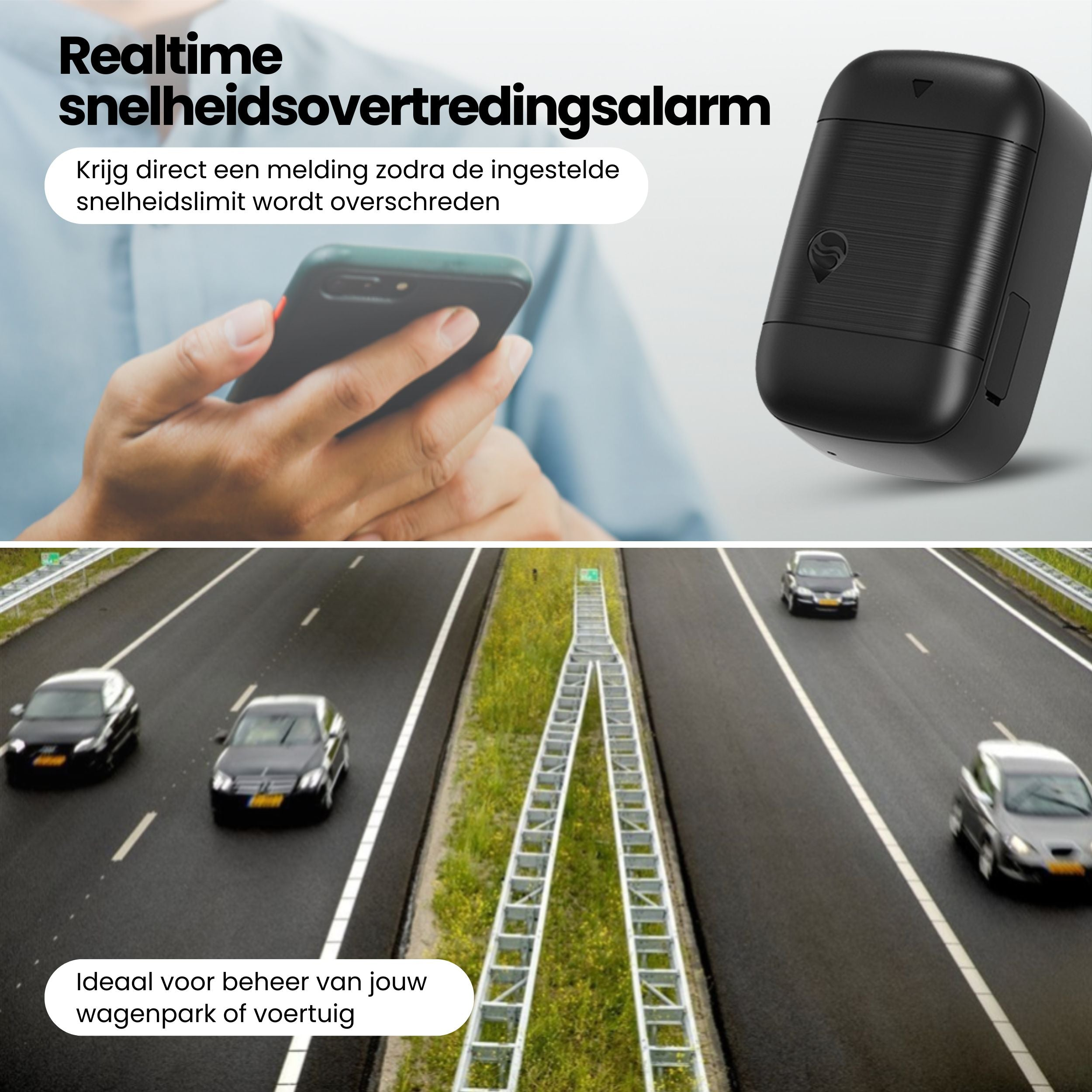 Un traceur GPS, une personne avec un téléphone et des voitures sur une autoroute illustrent une alarme de vitesse.