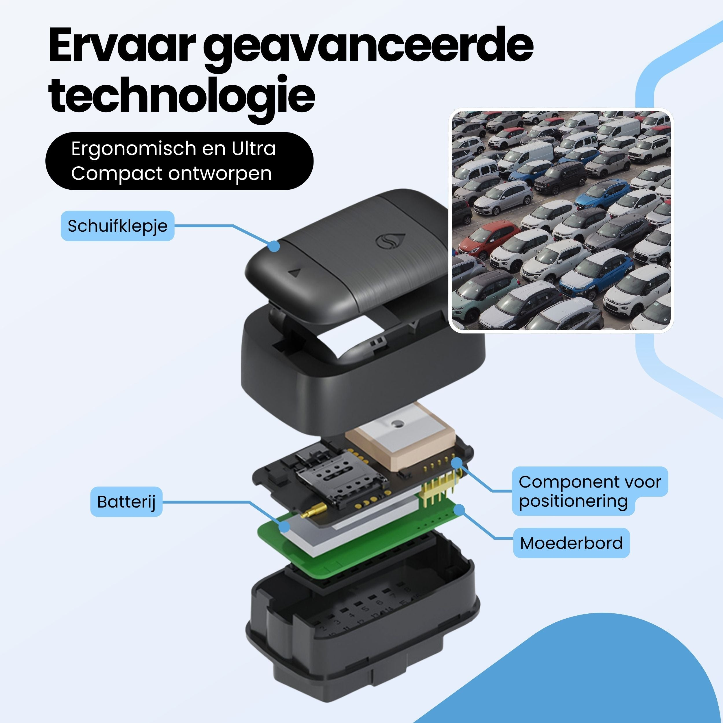 Vue éclatée d'un traceur GPS compact avec des pièces étiquetées et une image de nombreuses voitures.