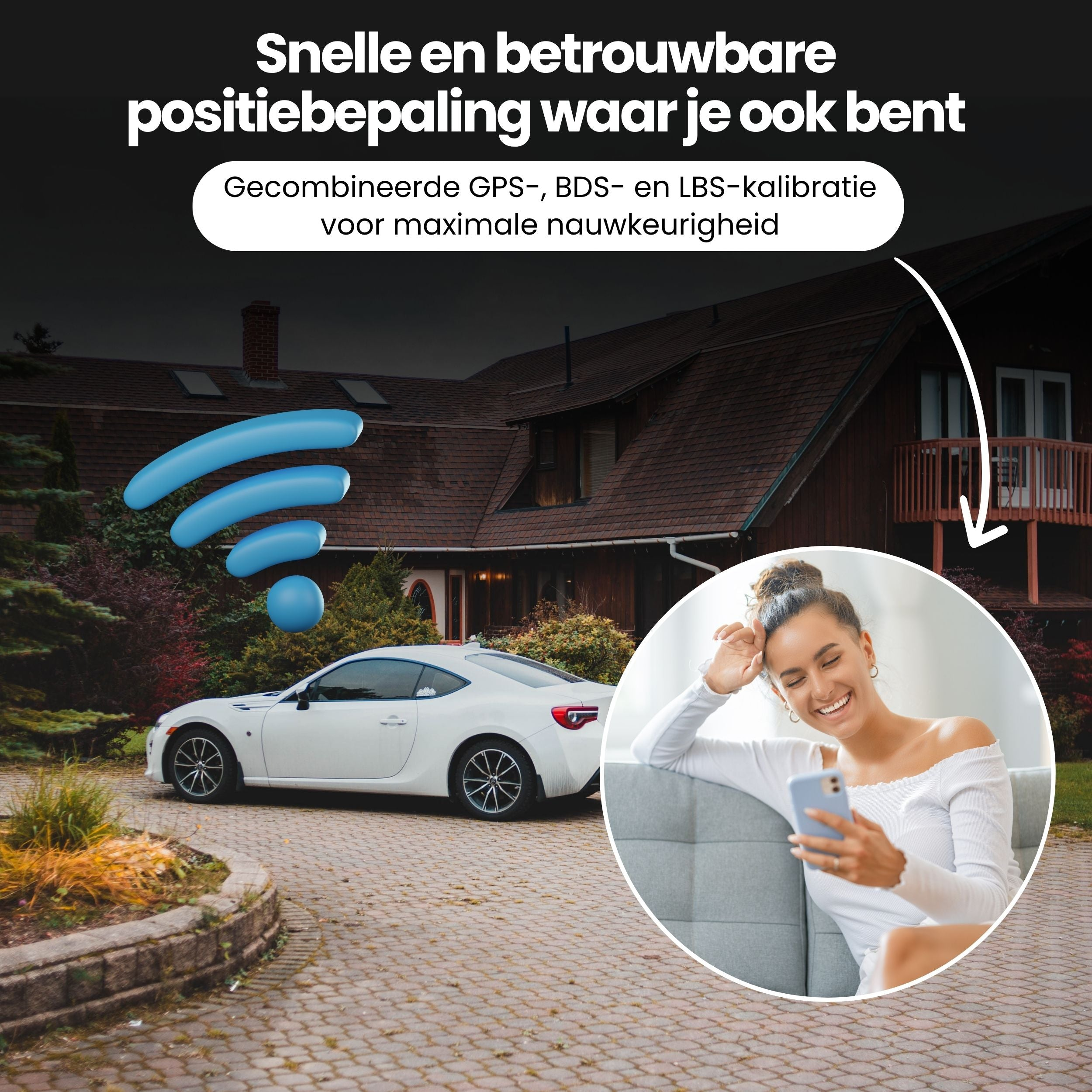 Image publicitaire avec voiture blanche devant une maison, icône Wi-Fi et femme avec smartphone.