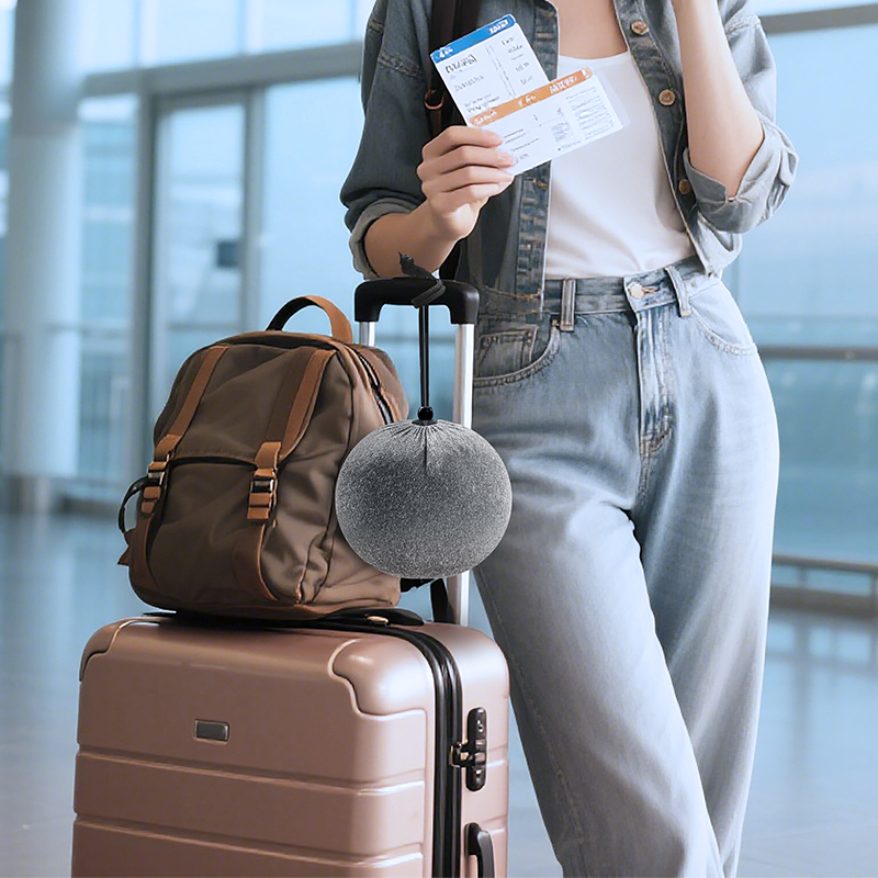 Una mujer en el aeropuerto sostiene boletos, junto a una maleta, mochila y una bolsa brillante.