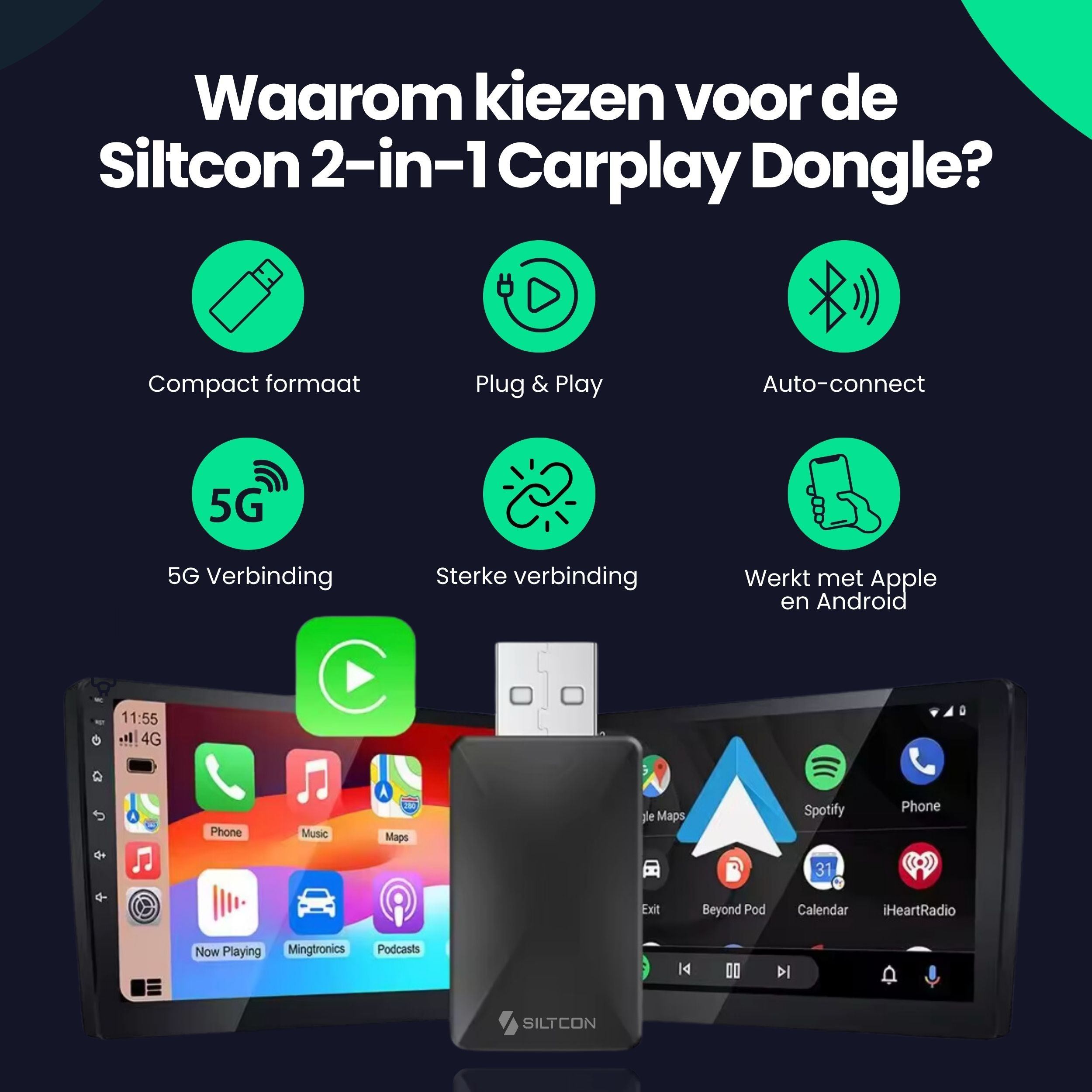 Kenmerken van de Siltcon Carplay dongle met iconen en twee autoschermen.