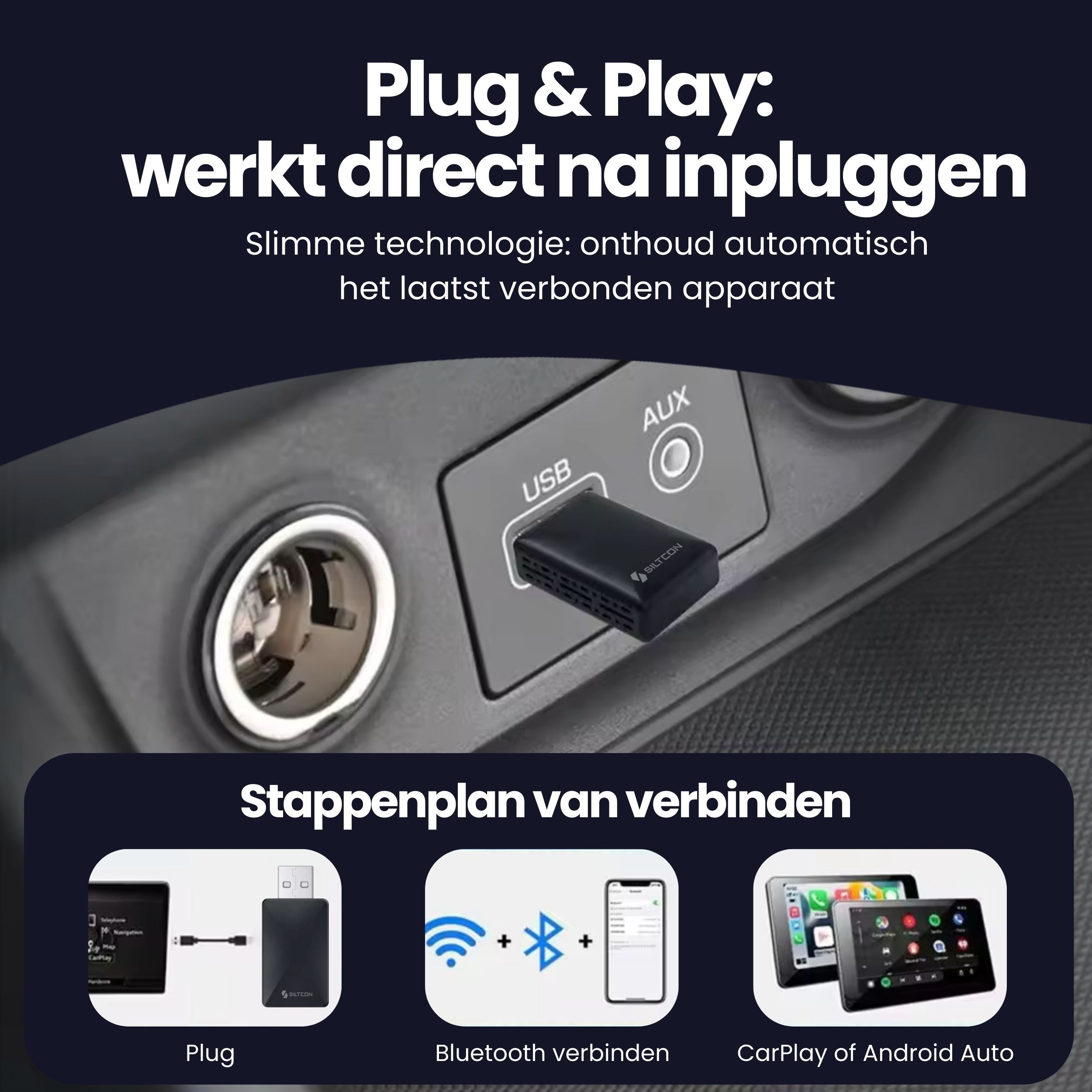Een USB-adapter aangesloten op de auto-USB-poort. Tekst legt plug-and-play uit.
