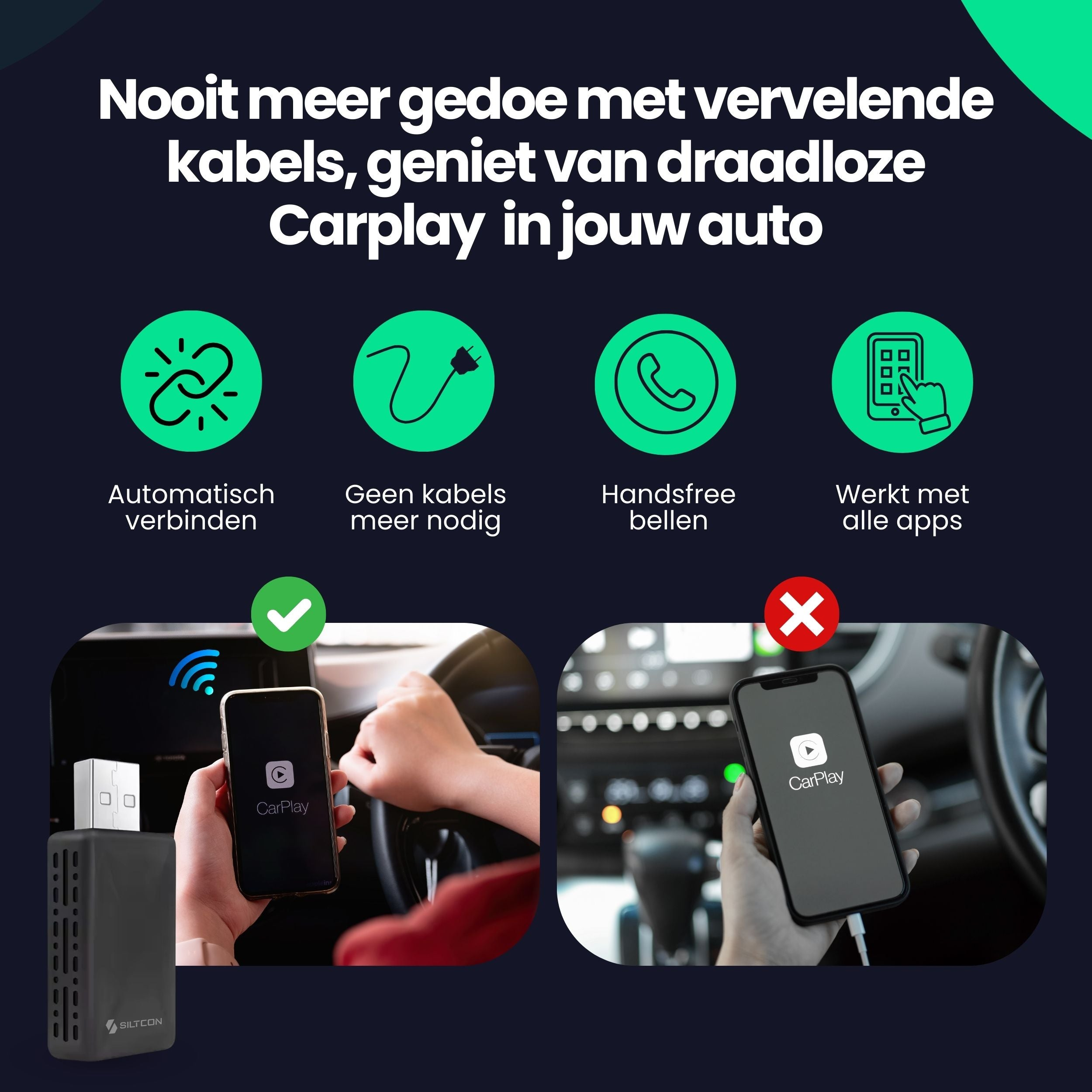 Advertentie voor draadloze CarPlay met iconen voor verbinding, geen kabels, handsfree bellen en app-compatibiliteit.