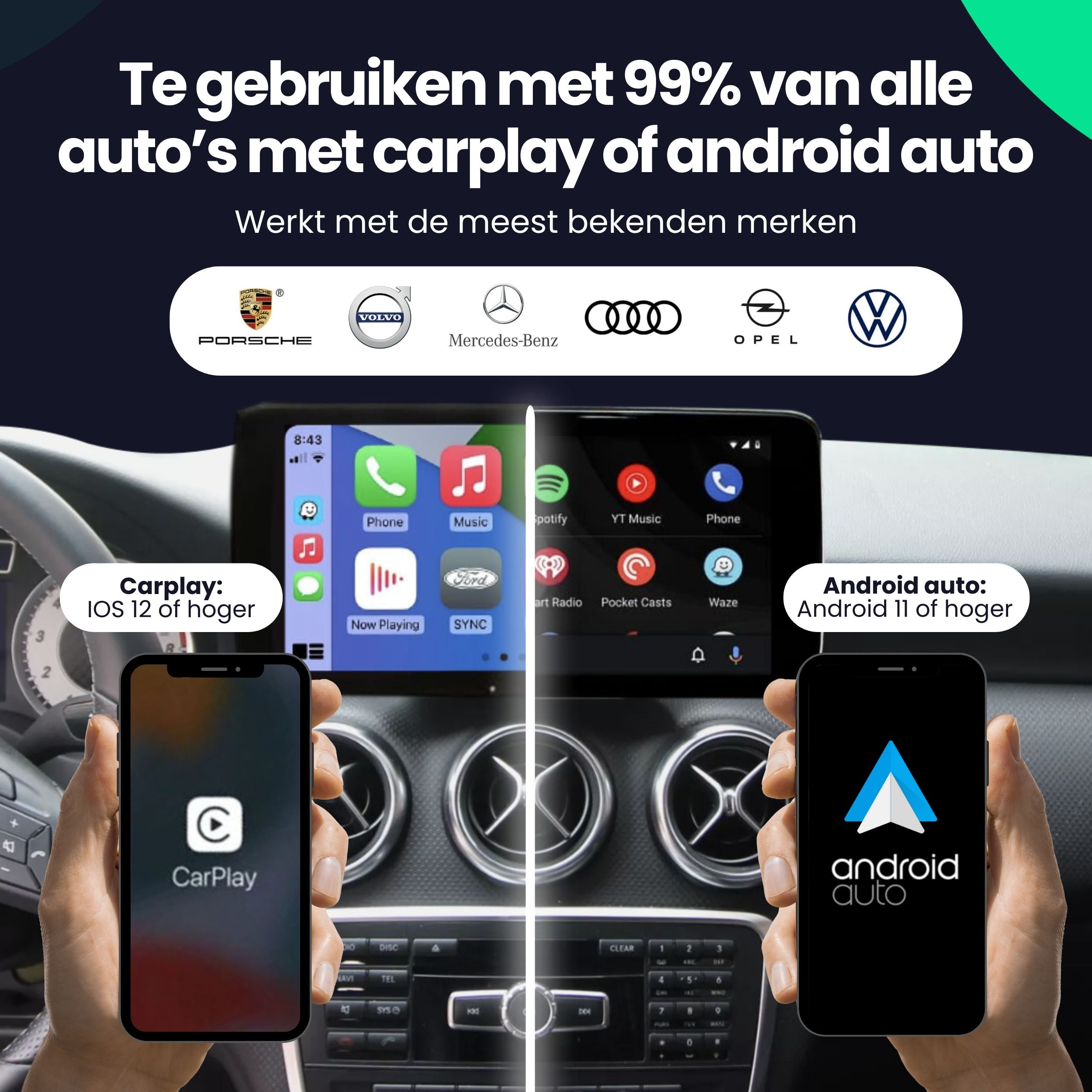 Vergelijking van Apple CarPlay en Android Auto in een auto, met merknogo's bovenaan.