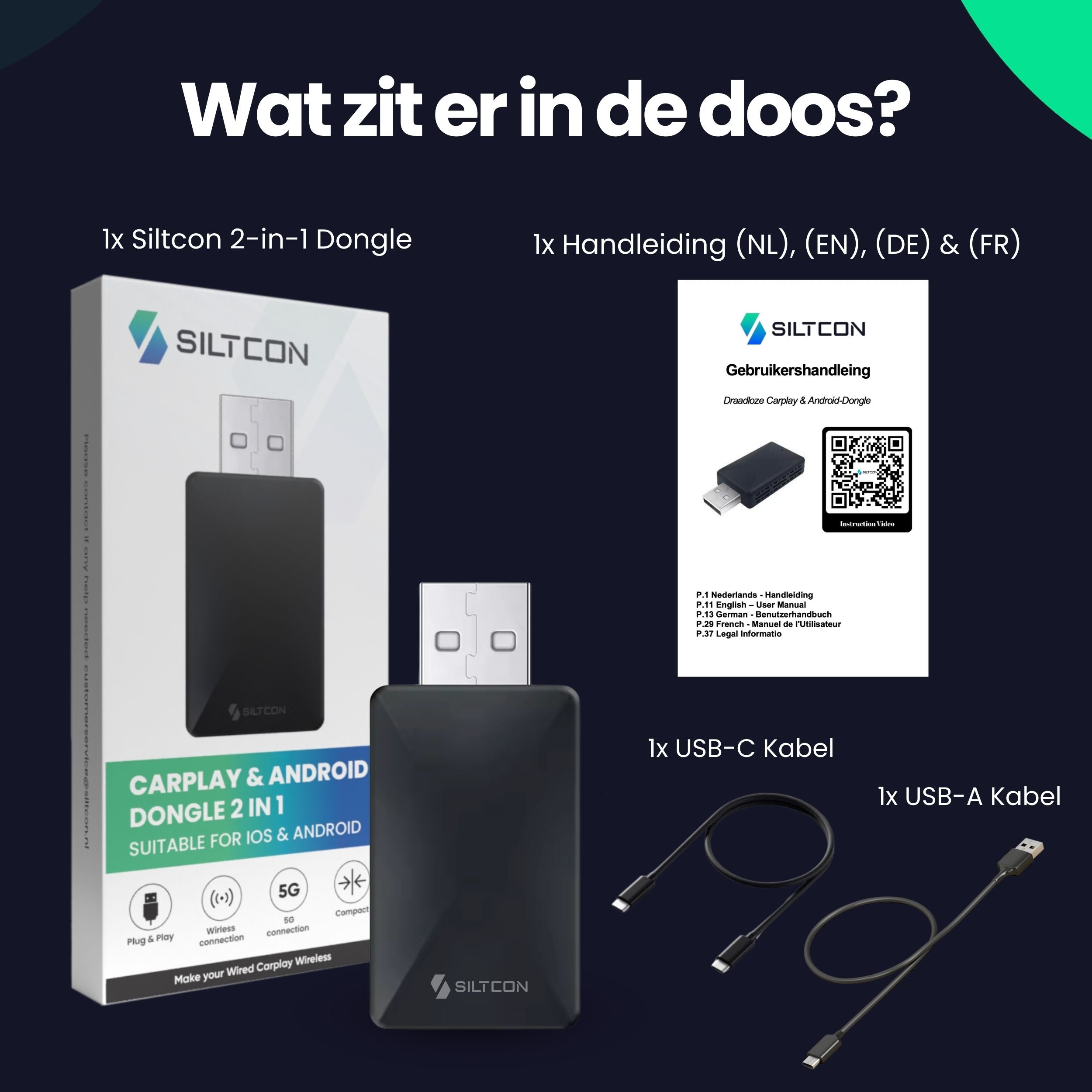 Siltcon 2-in-1 dongledoos, dongle, handleiding, USB-C-kabel en USB-A-kabel tegen een donkere achtergrond.