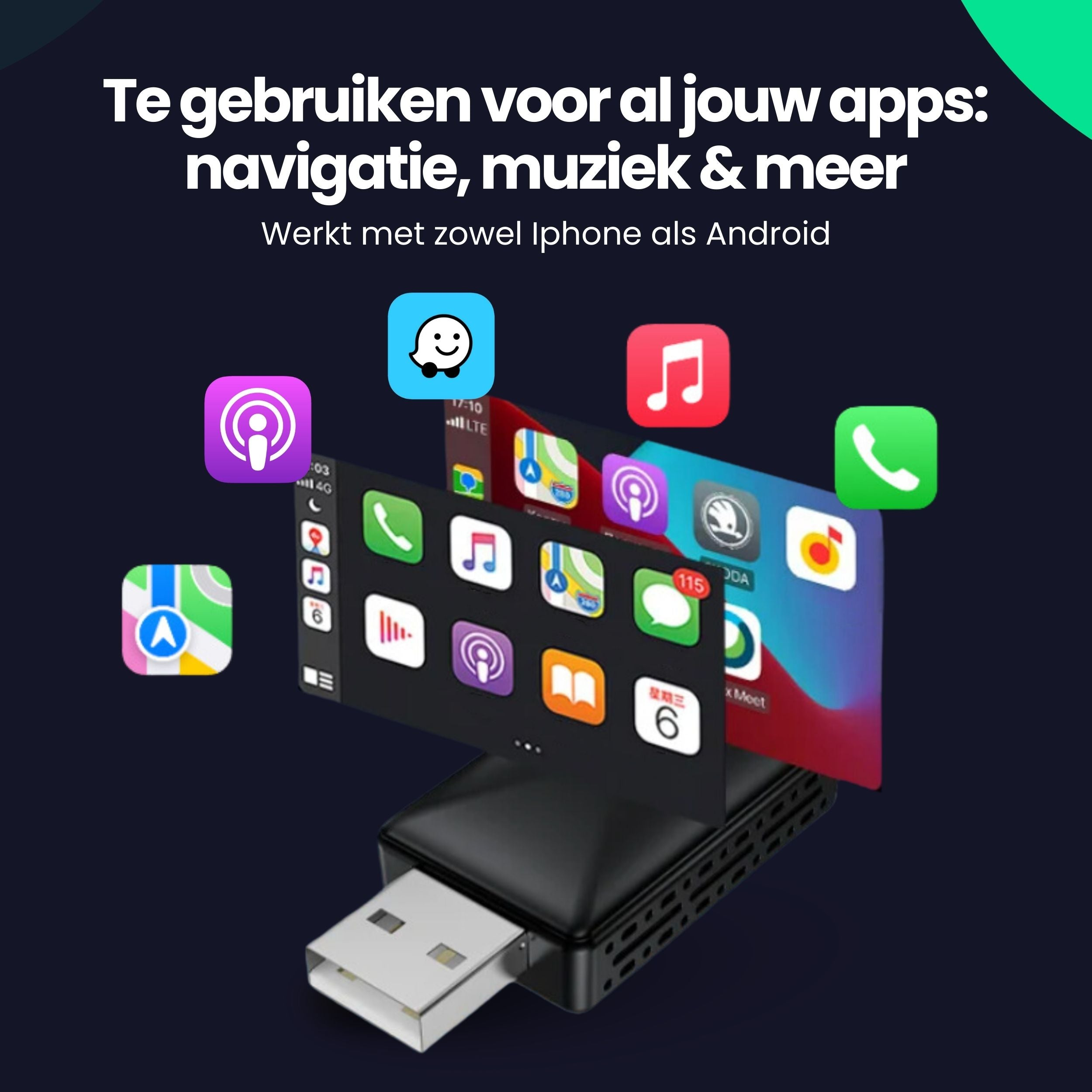 Een zwarte USB-adapter toont auto-interfaceschermen en zwevende app-pictogrammen.