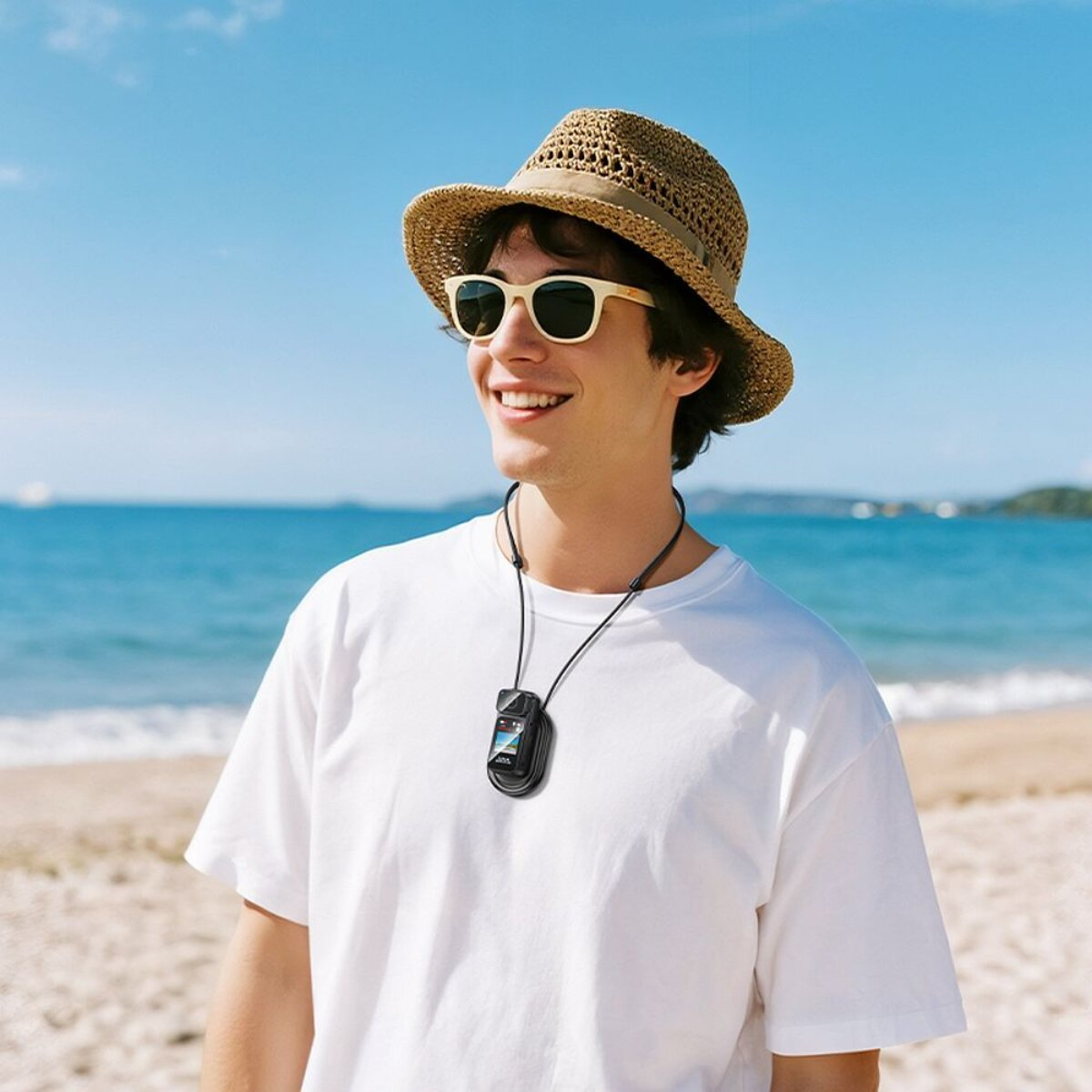 Hombre con sombrero, gafas de sol y camisa blanca en la playa.
