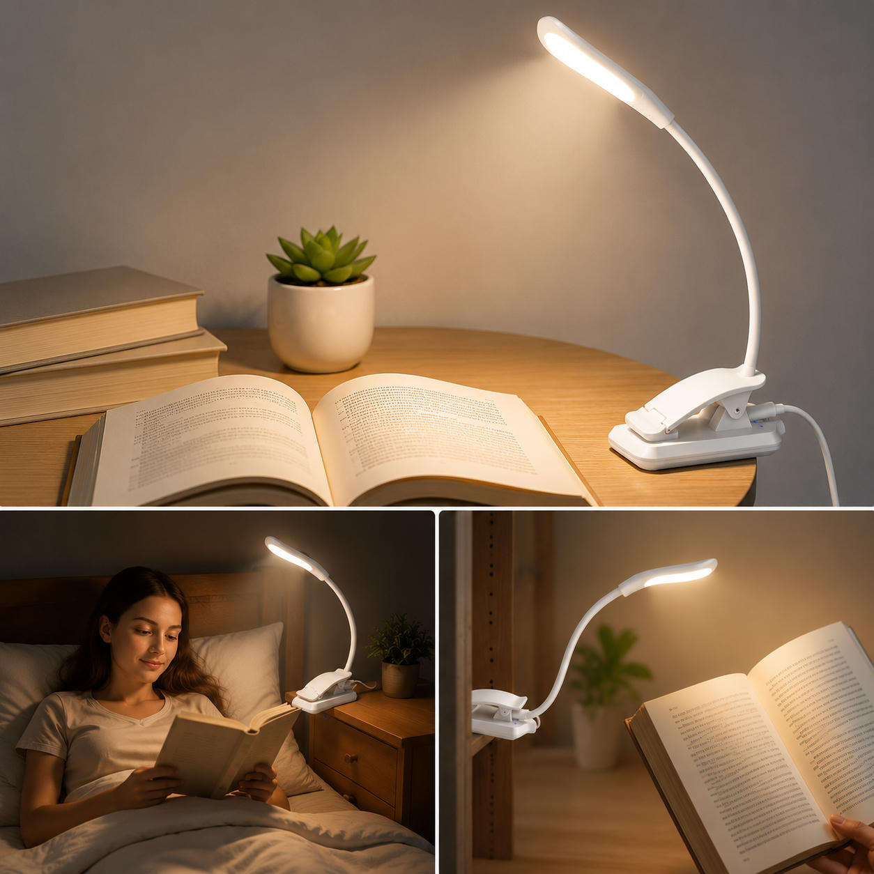 Eine weiße Clip-Schreibtischlampe beleuchtet ein aufgeschlagenes Buch auf einem Holztisch, eine Pflanze im Topf im Hintergrund.