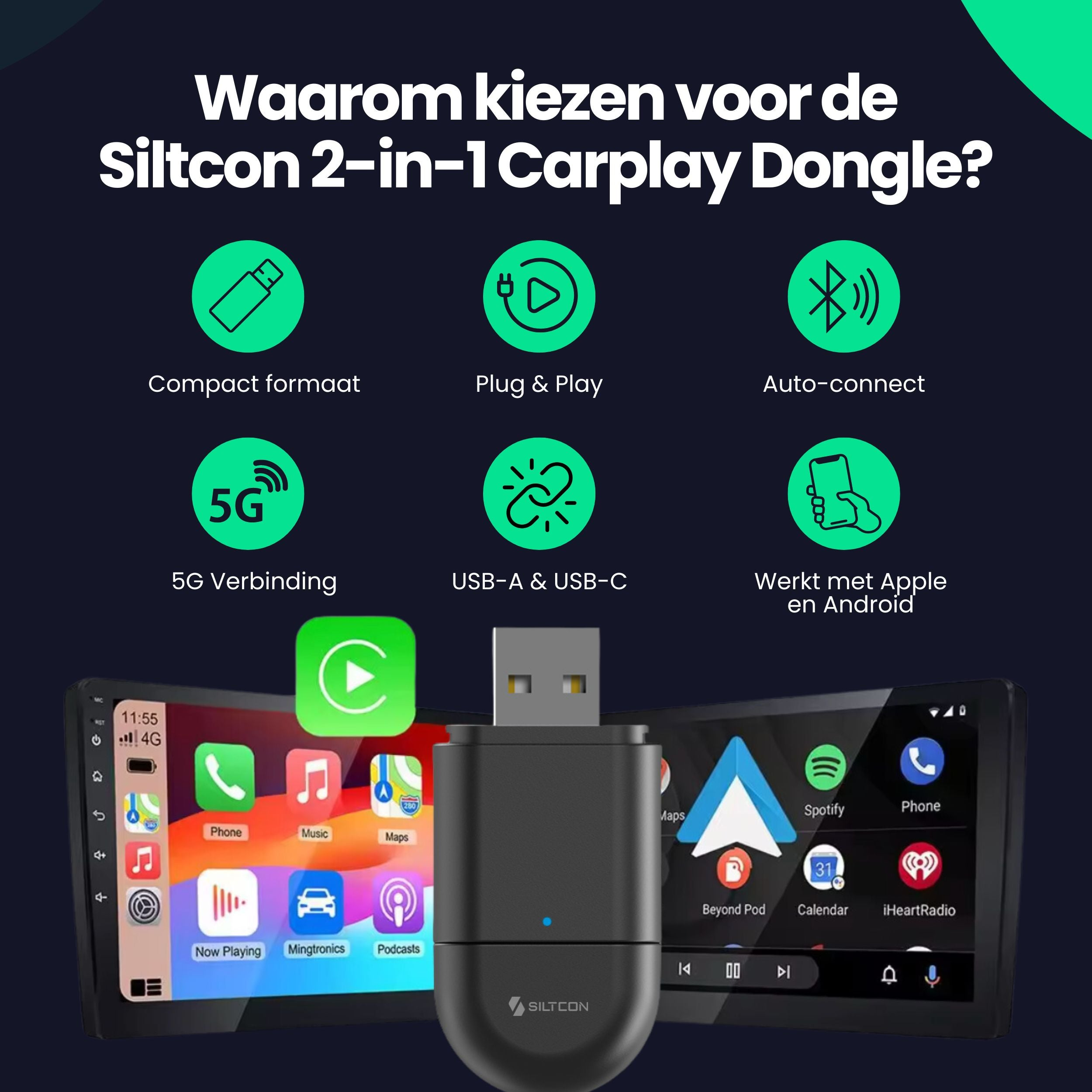 Dongle Carplay 2-en-1 Siltcon avec format compact, plug & play et connexion auto.