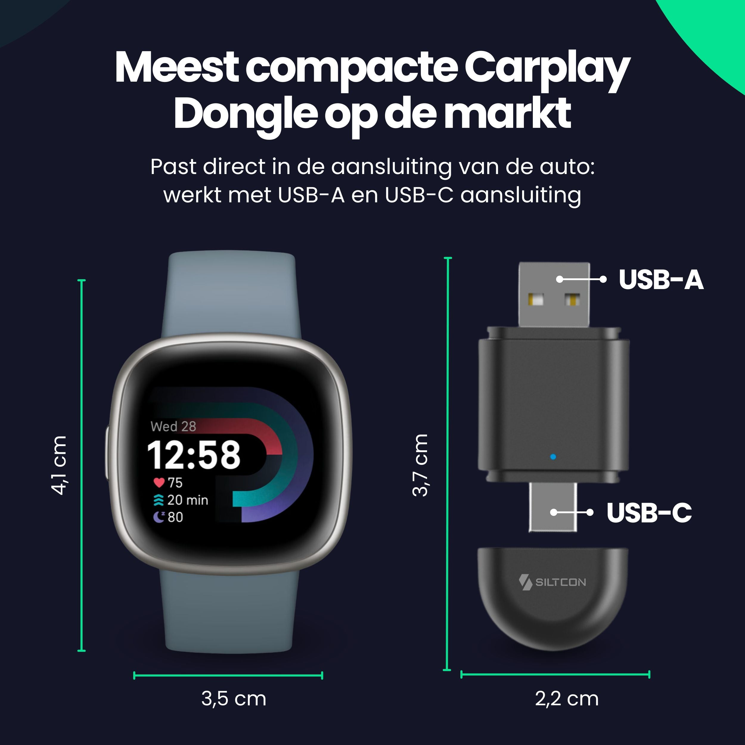 Une montre connectée de 4,1 x 3,5 cm à côté d'un dongle USB-A et USB-C compact de 3,7 x 2,2 cm.