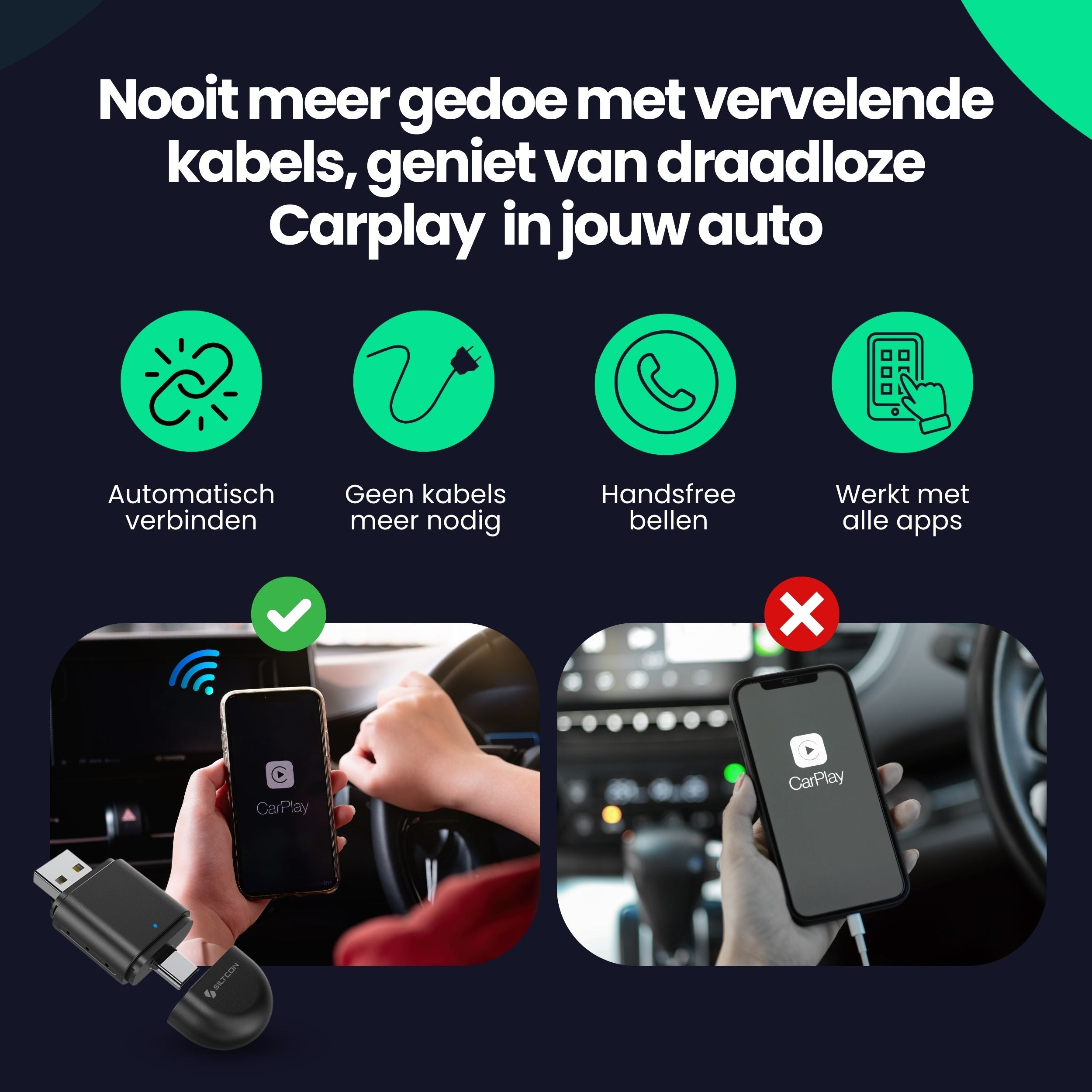 Publicité pour CarPlay sans fil avec icônes et comparaison entre connexion sans fil et filaire.