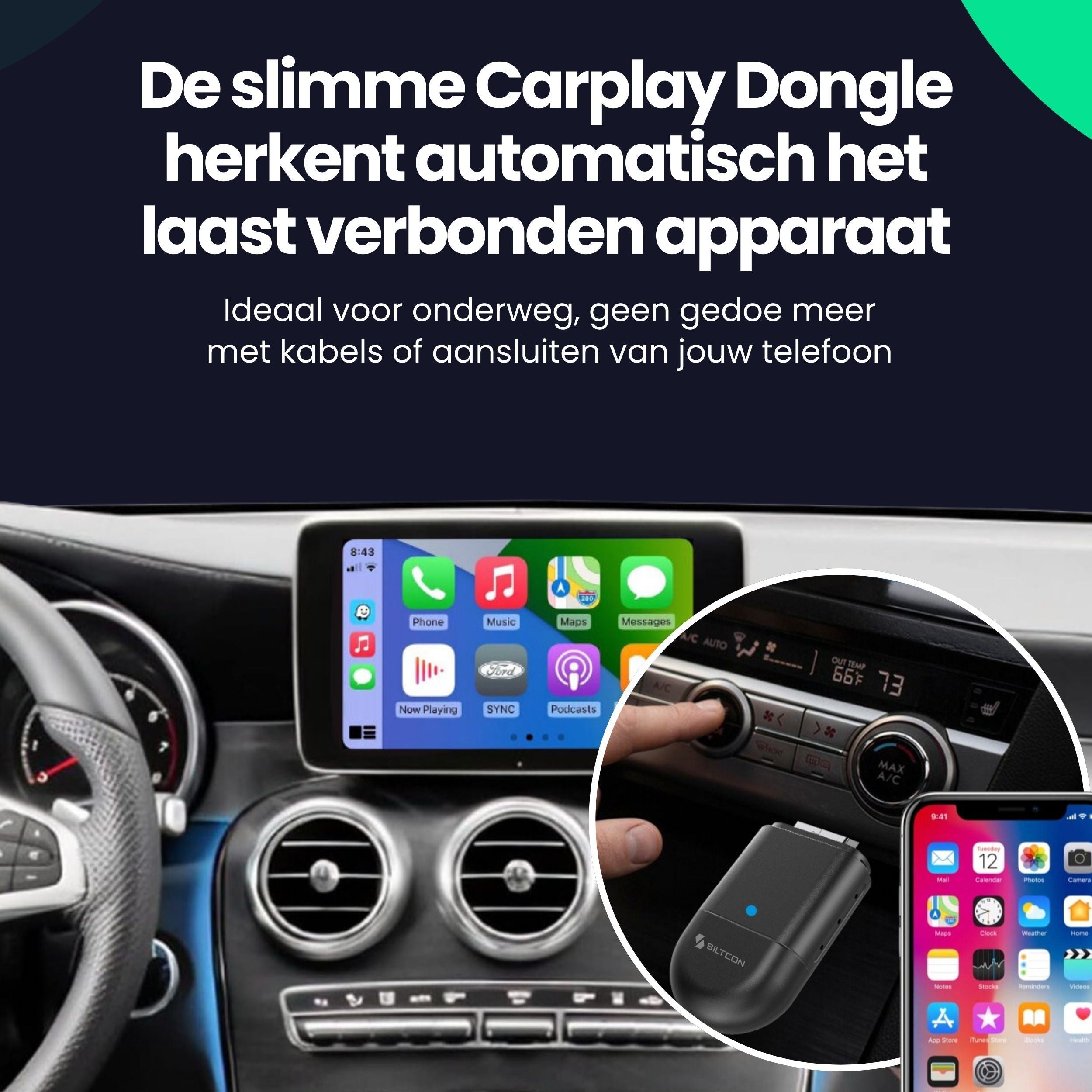 Un tableau de bord de voiture avec écran CarPlay, un dongle Siltcon et du texte en néerlandais.