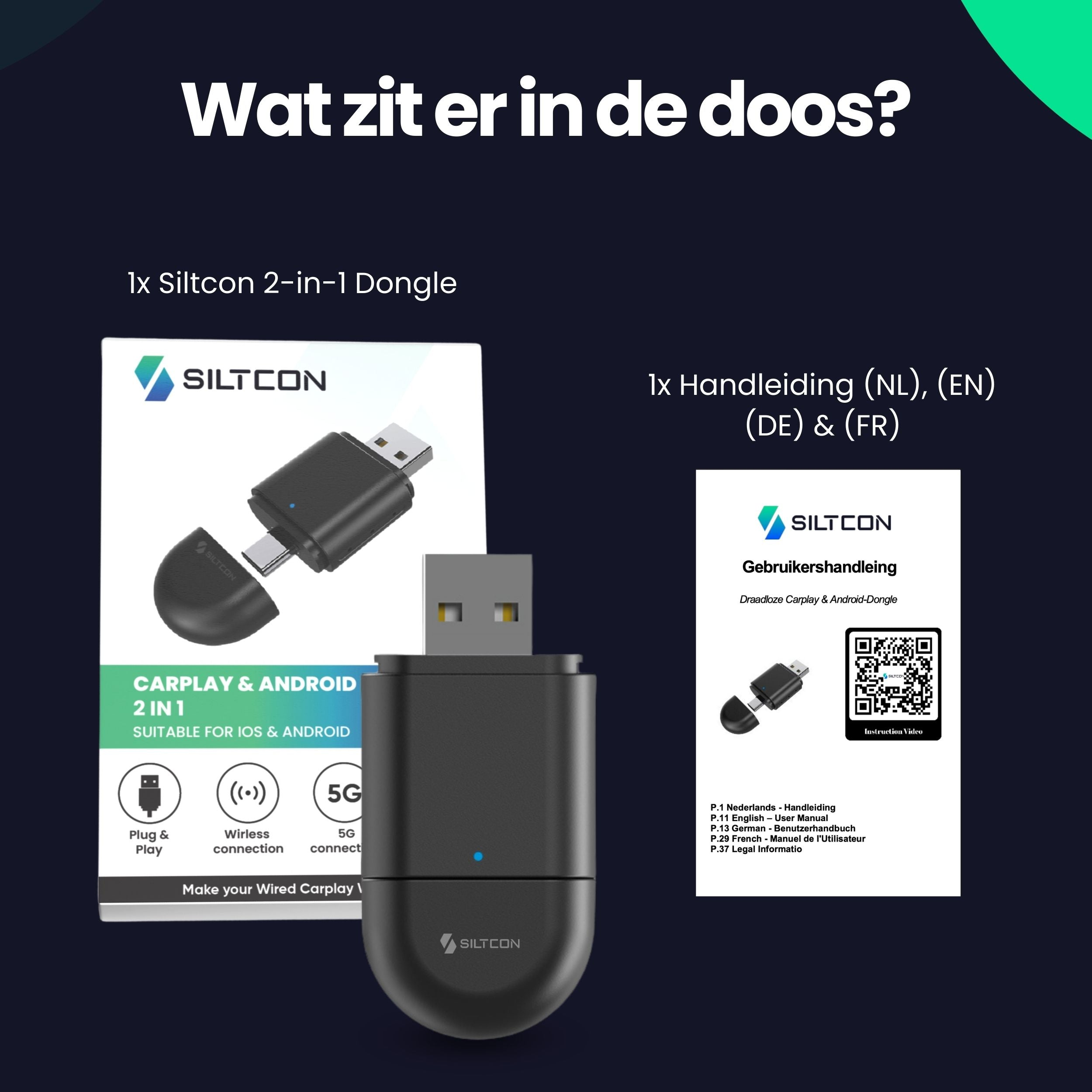 Un dongle sans fil CarPlay et Android 2 en 1 Siltcon avec son emballage et son manuel multilingue.