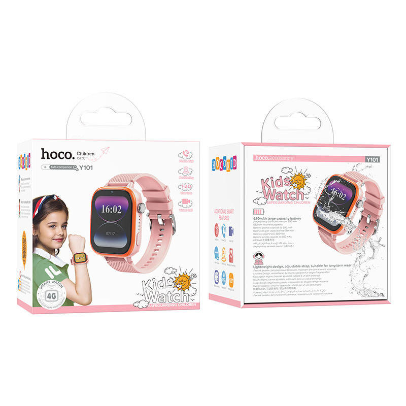 Dos cajas de producto para un reloj inteligente rosa para niños Hoco, con foto de una niña y salpicaduras de agua.