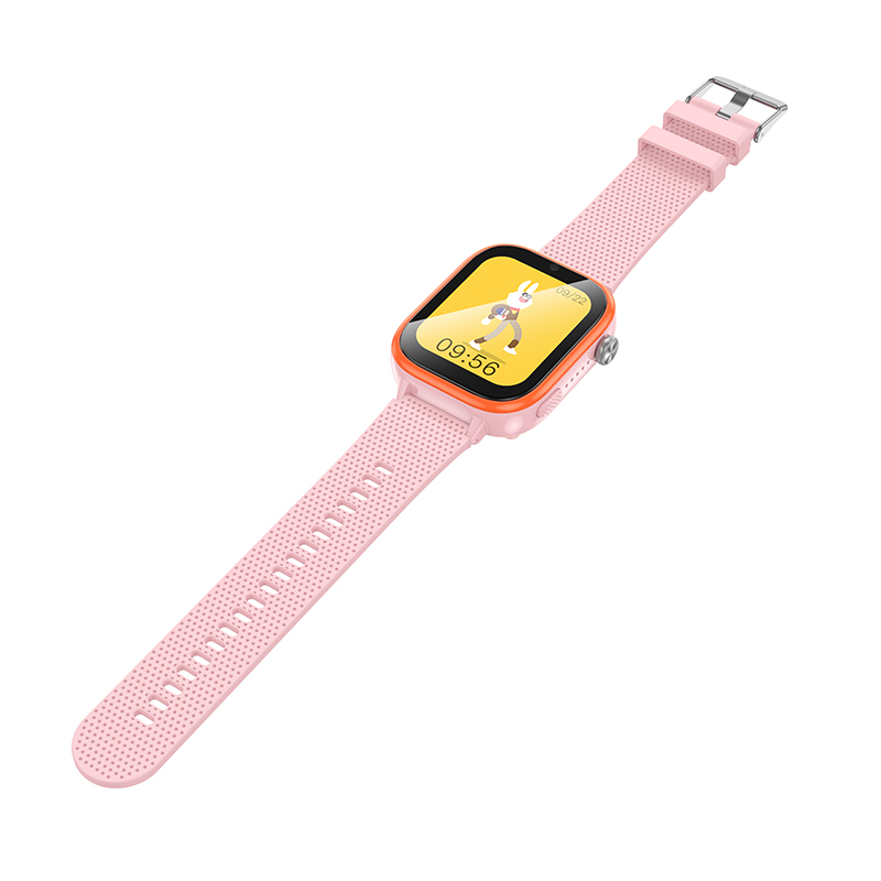 Un reloj inteligente rosa para niños con marco naranja y gráfico de conejo en la pantalla.