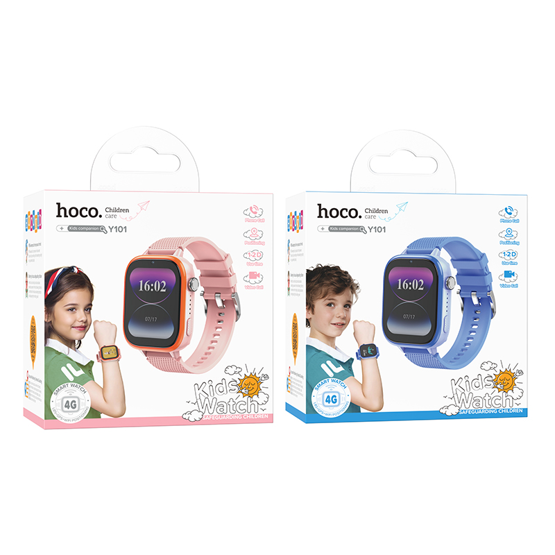 Dos cajas de embalaje de reloj inteligente para niños Hoco Y101 en variantes rosa y azul que muestran a niños.