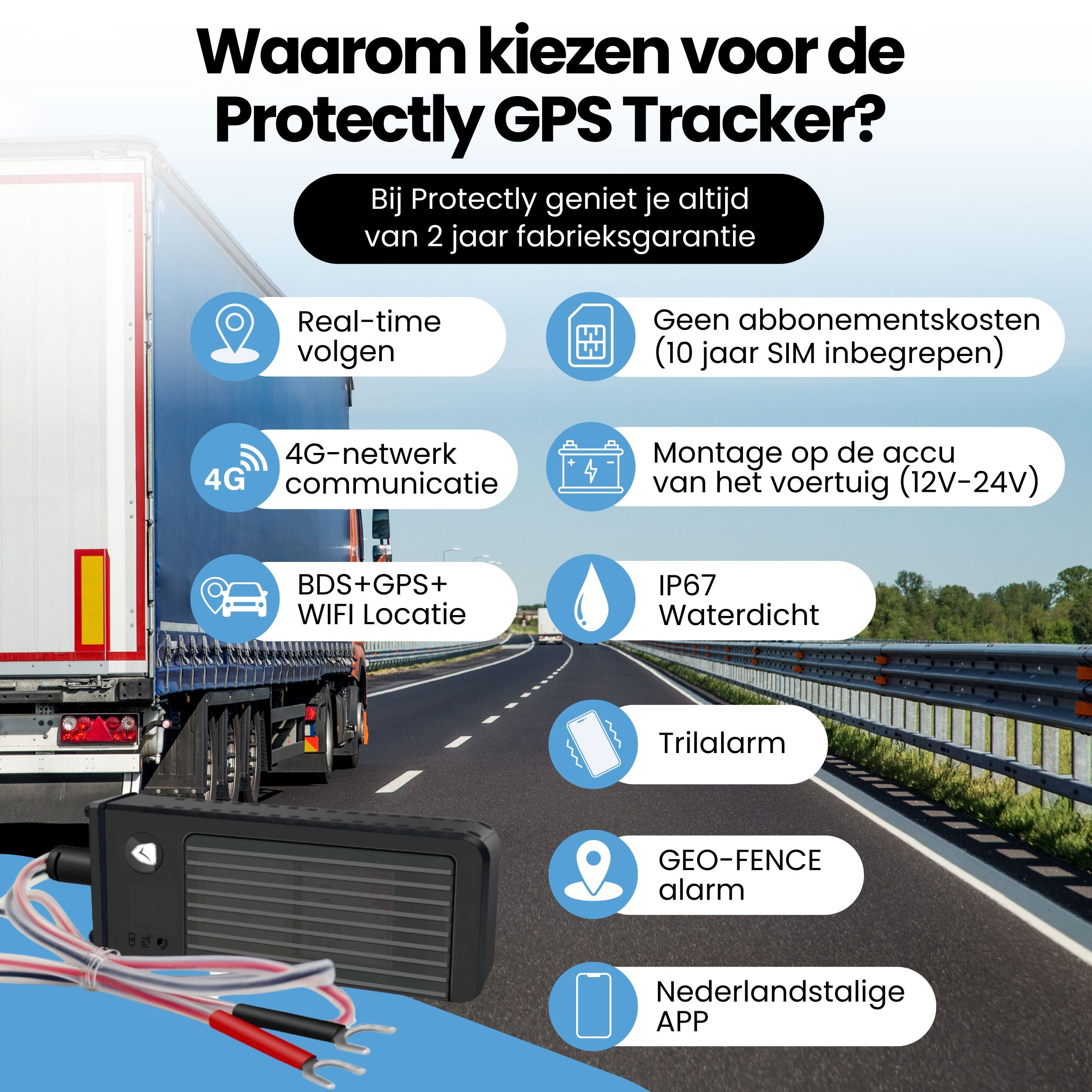 A GPS tracker with wires in the foreground and a truck on a highway with feature icons in the background.