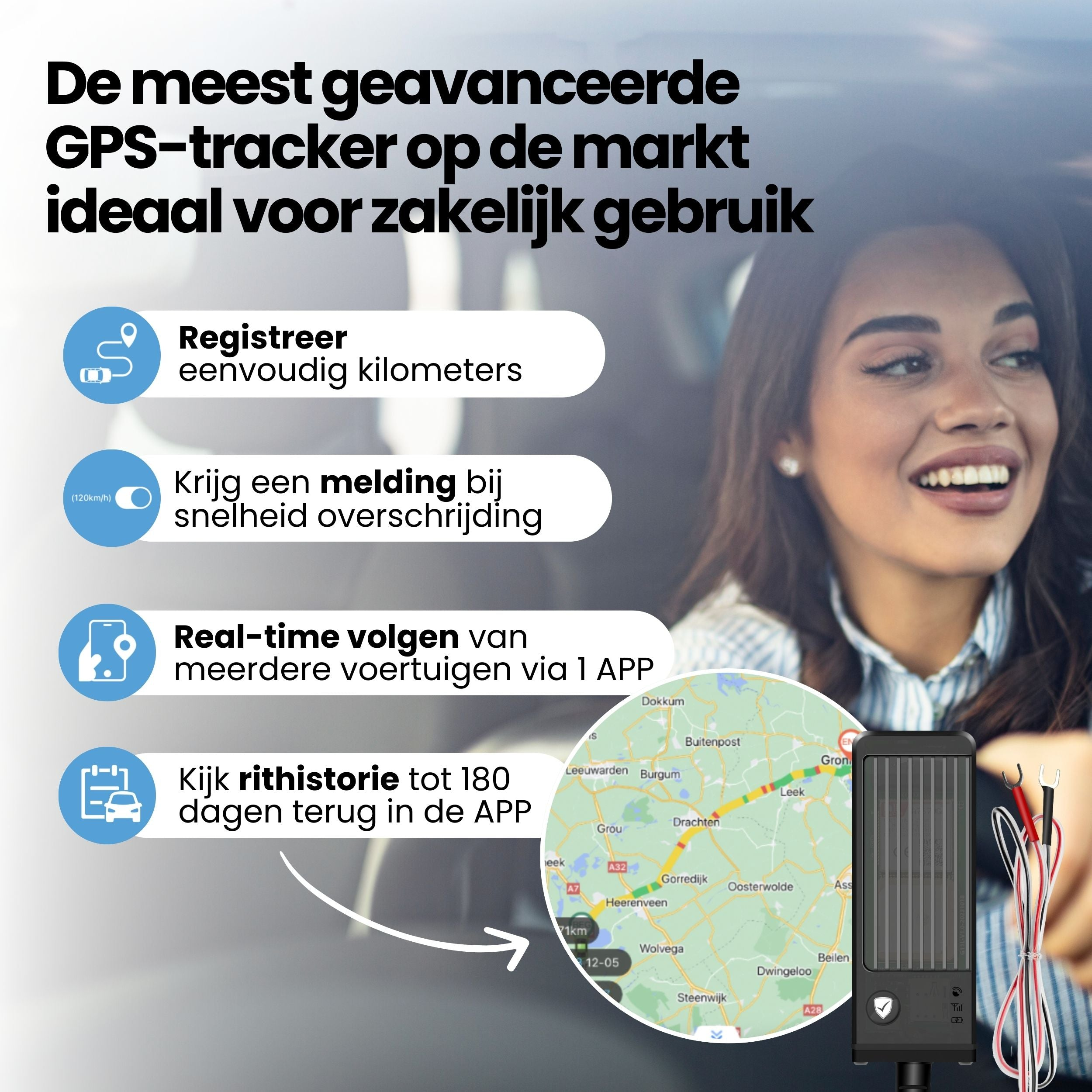 GPS tracker ad featuring a smiling driver, a map, and feature lists.