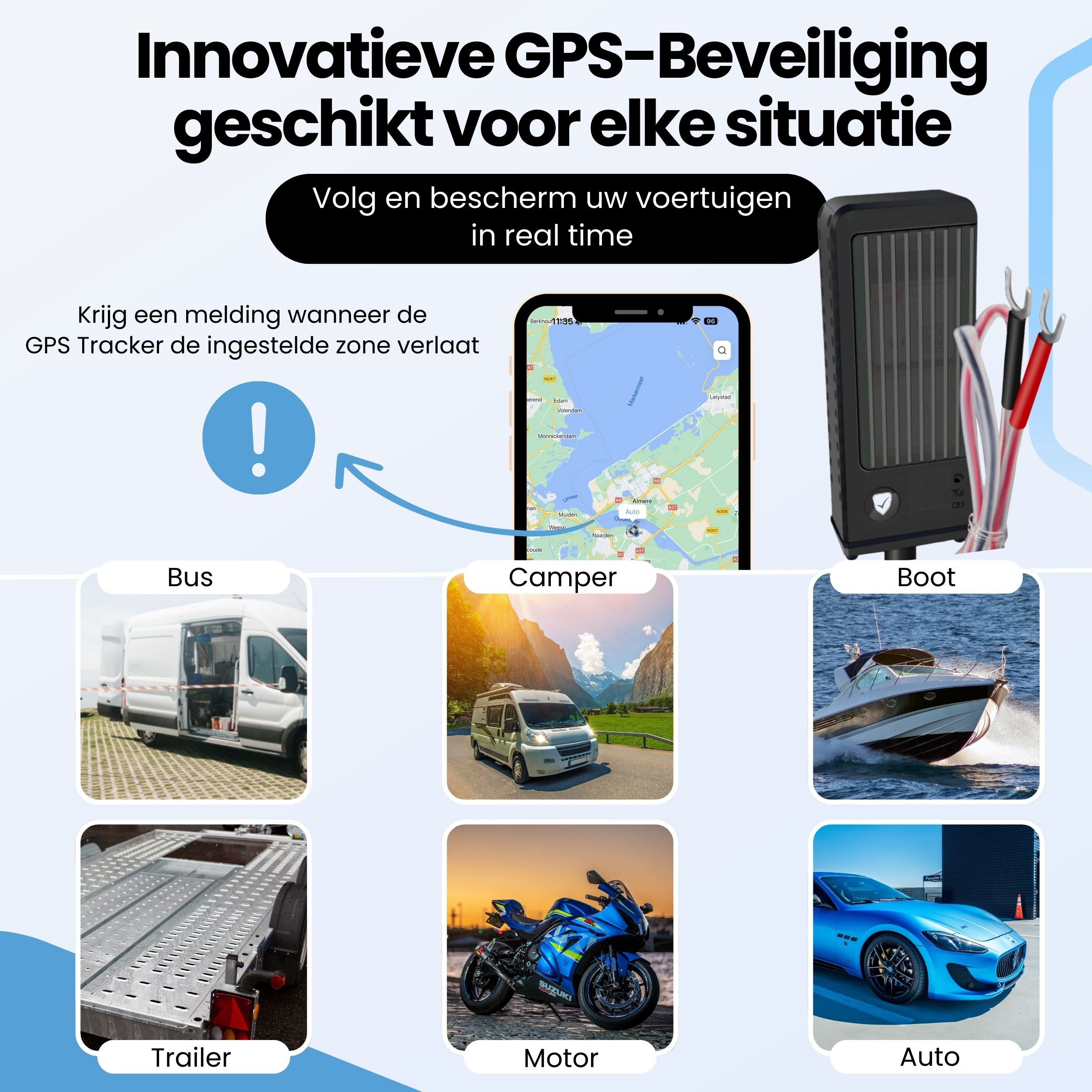 GPS tracker shown with a phone map and various vehicles like buses, campers, boats, trailers, motorcycles, and cars.