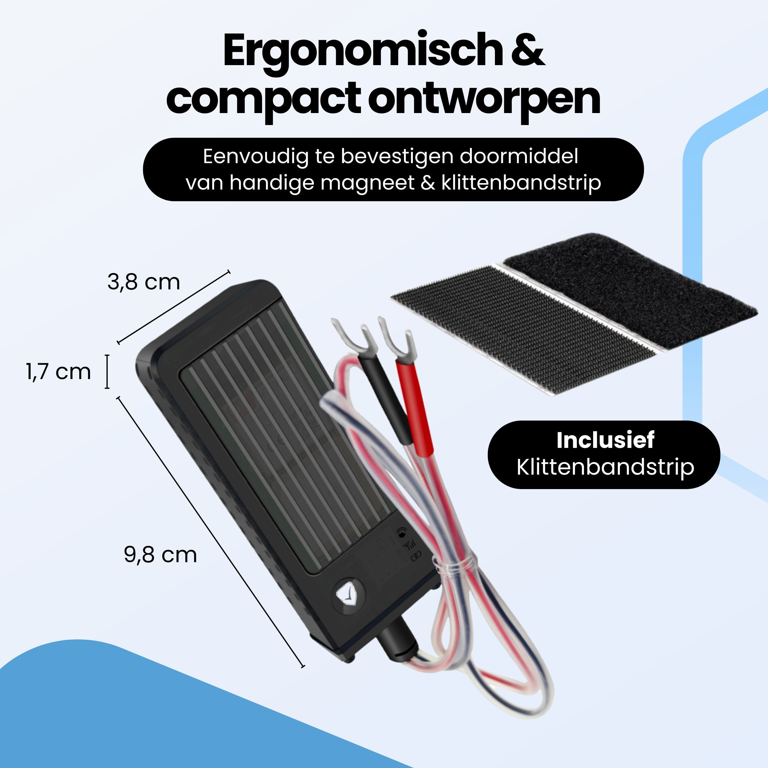Product with dimensions, wires, and Velcro strip on a light background.