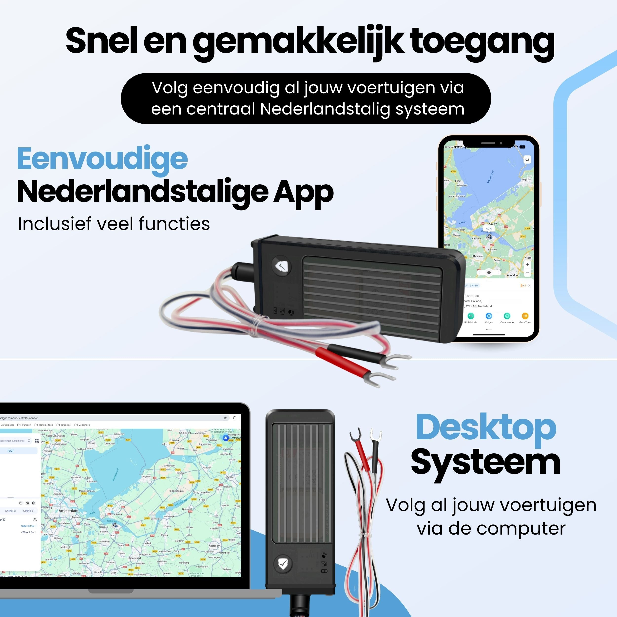 A GPS tracker with cables, smartphone, and laptop displaying a tracking app and desktop software.