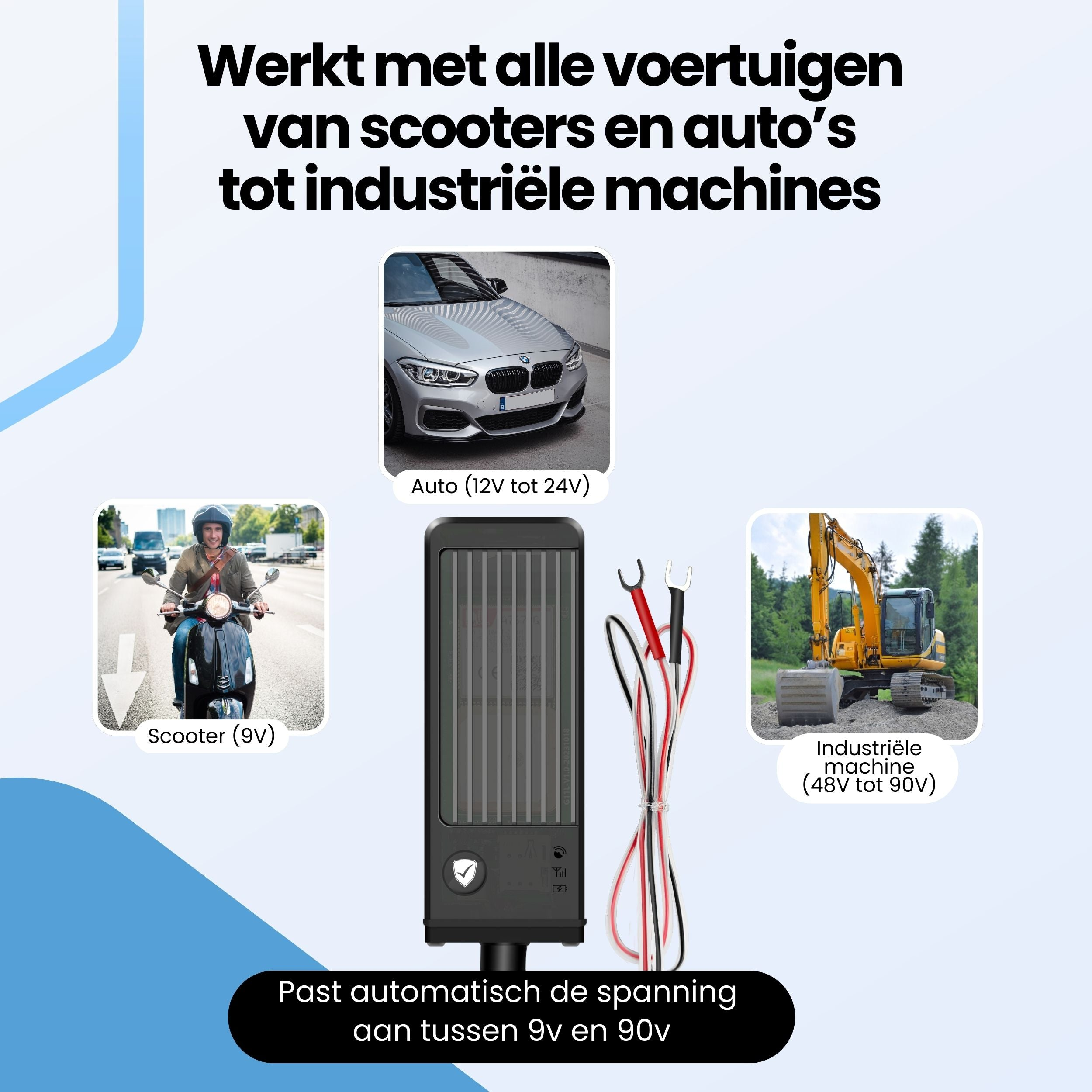 A device with cables shown with a car, scooter, and excavator, indicating versatility for various vehicles.