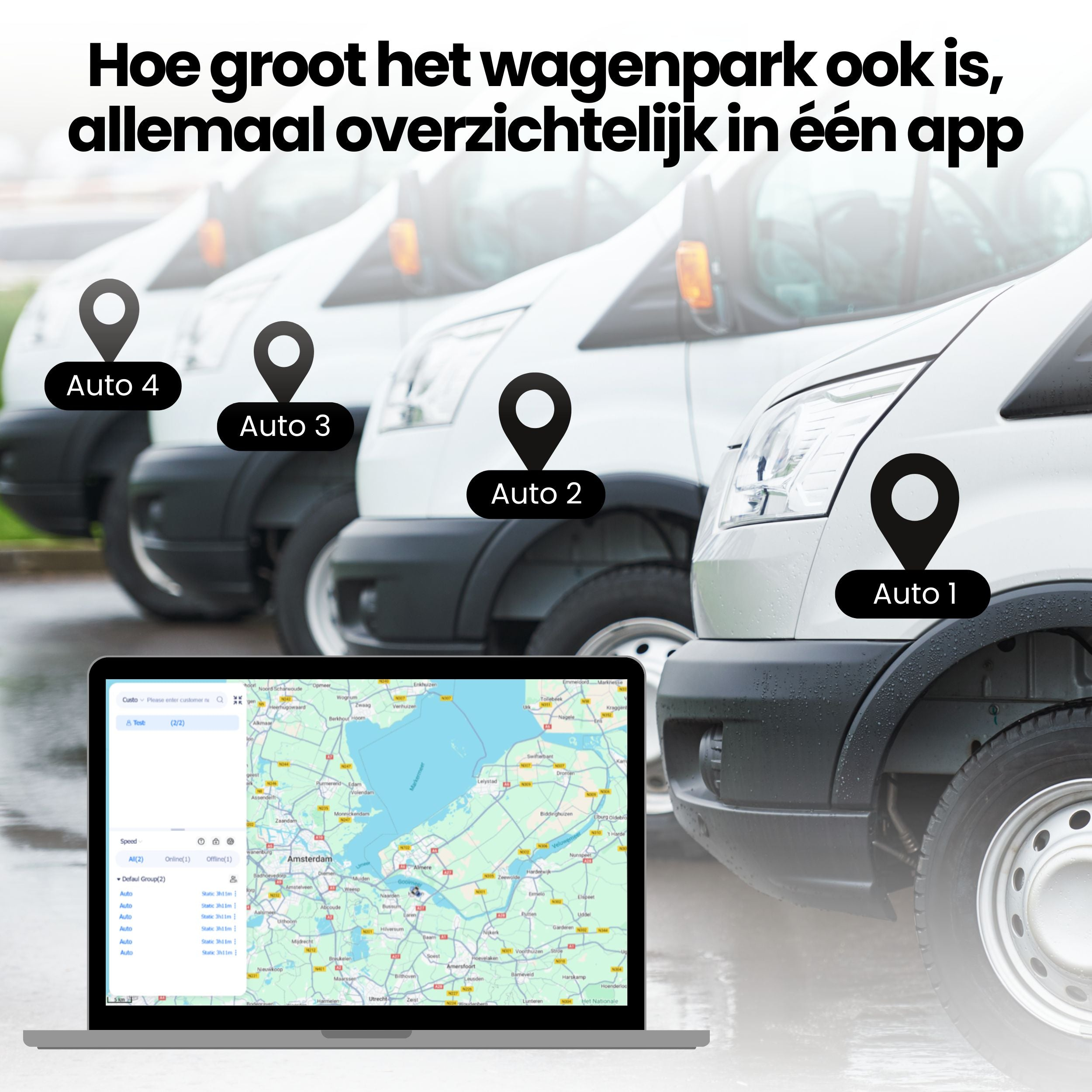 Four white vans with location markers stand in a row, with a laptop showing a map in the foreground.