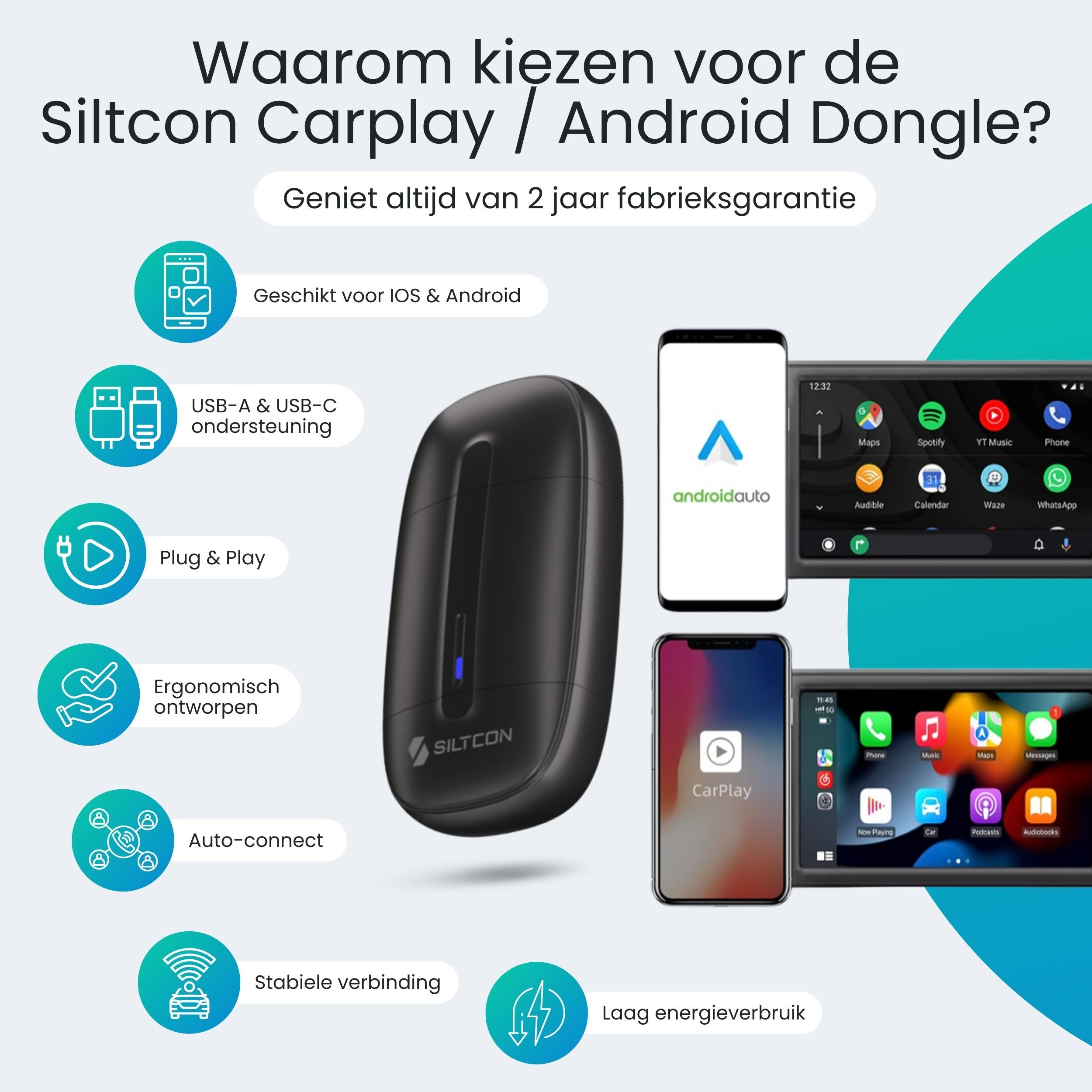 Productreclame voor de Siltcon Carplay Android Dongle met functies zoals plug en play en stabiele verbinding.