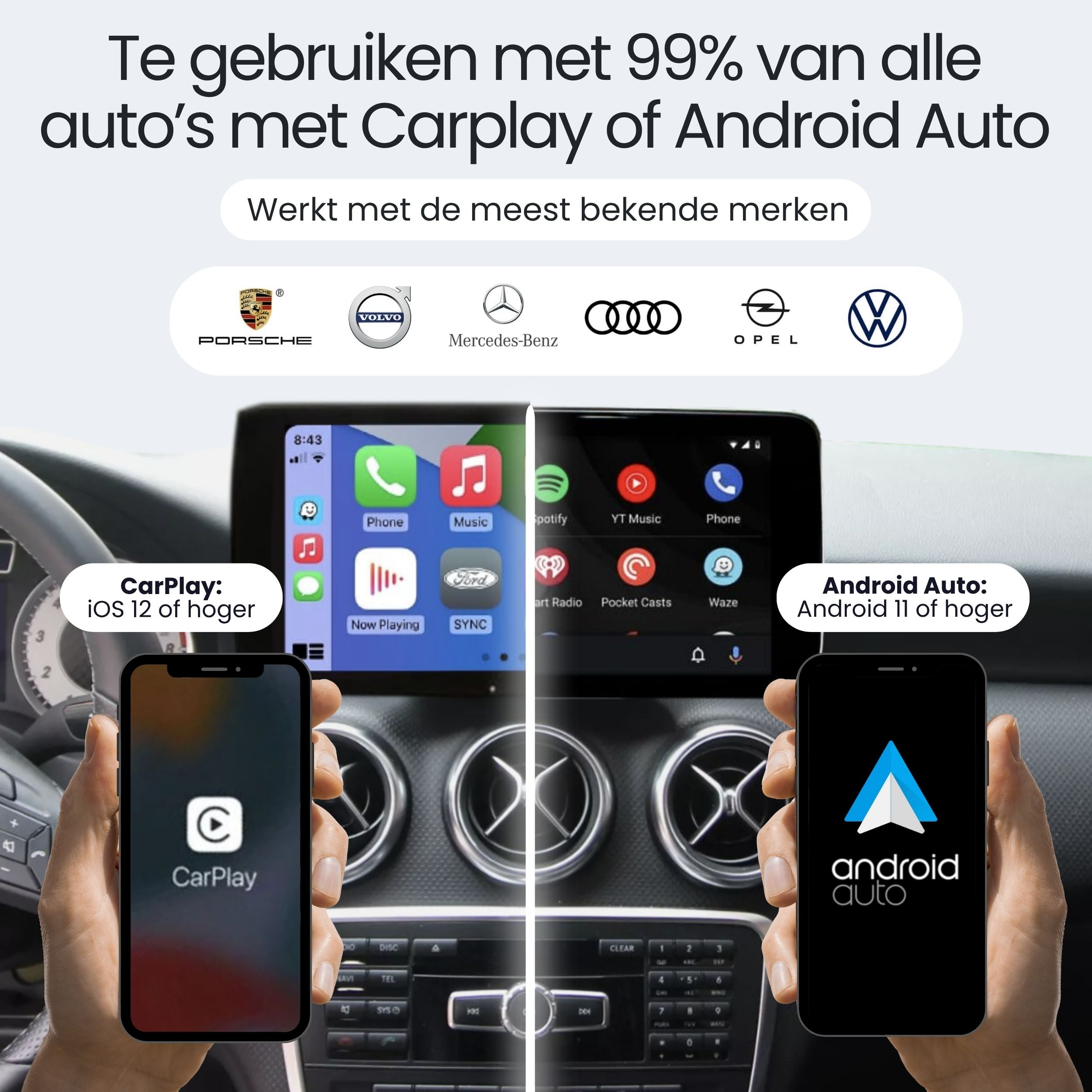Advertentie die CarPlay en Android Auto vergelijkt met schermcompatibiliteit.