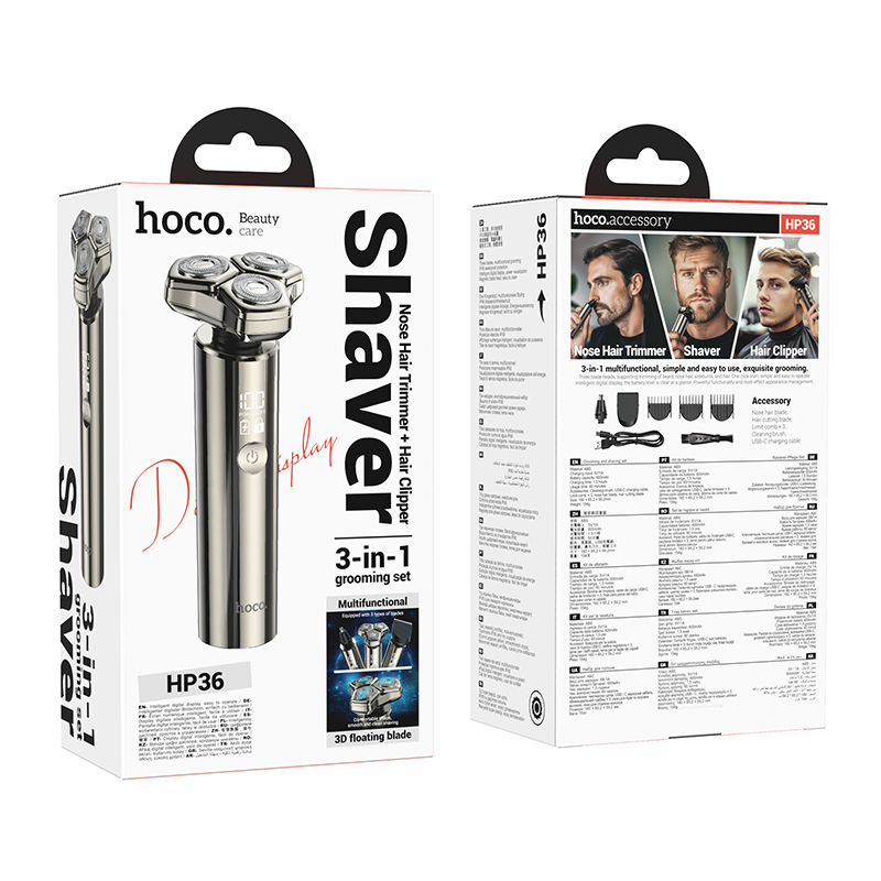 Confezione di un rasoio elettrico 3 in 1 Hoco che mostra immagini del prodotto, accessori e specifiche.